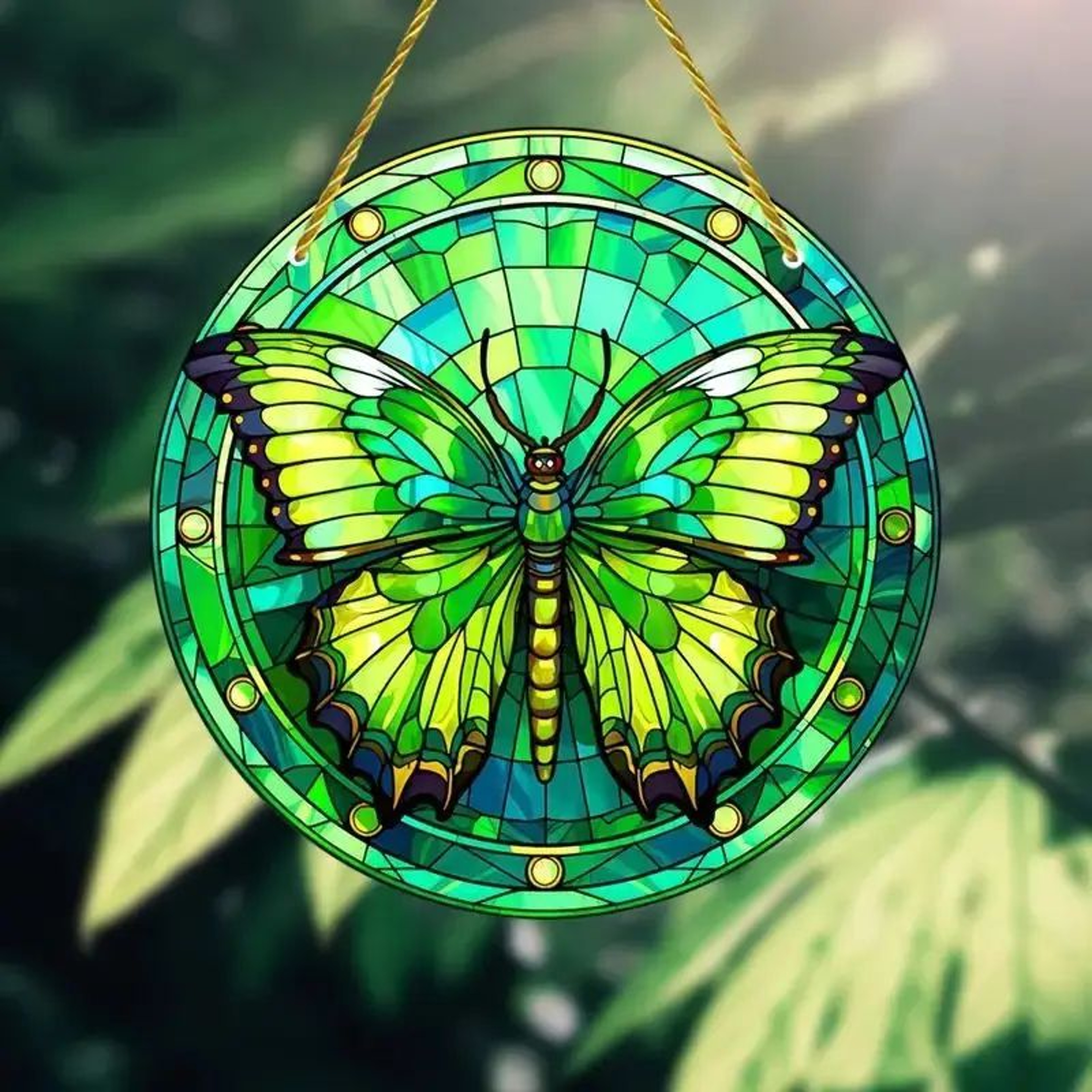 Butterfly Acrylic Suncatcher Hanging Decor  Round Stained Window Art Ornament With Golden Rope 6