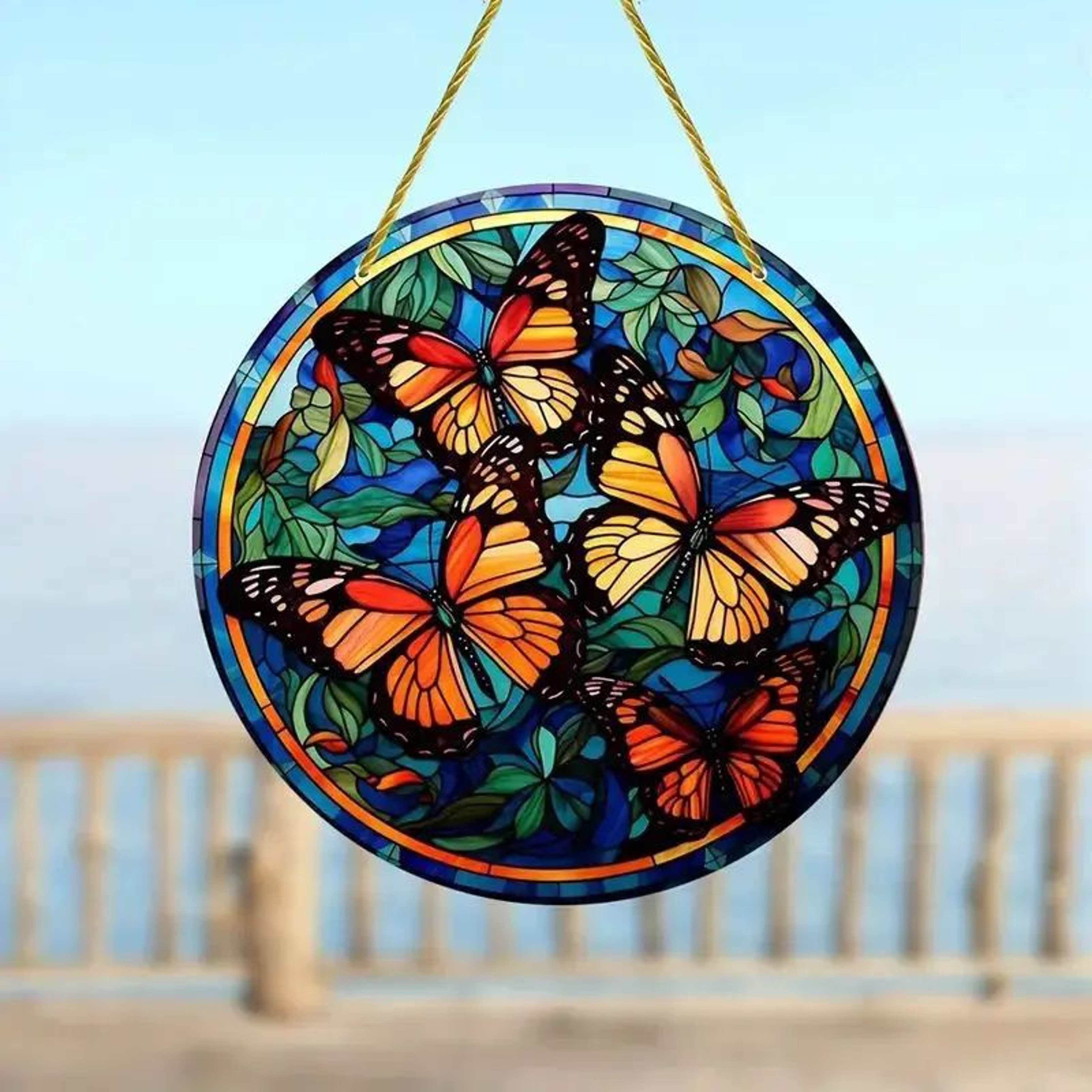 Butterfly Acrylic Suncatcher Hanging Decor  Round Stained Window Art Ornament With Golden Rope 13