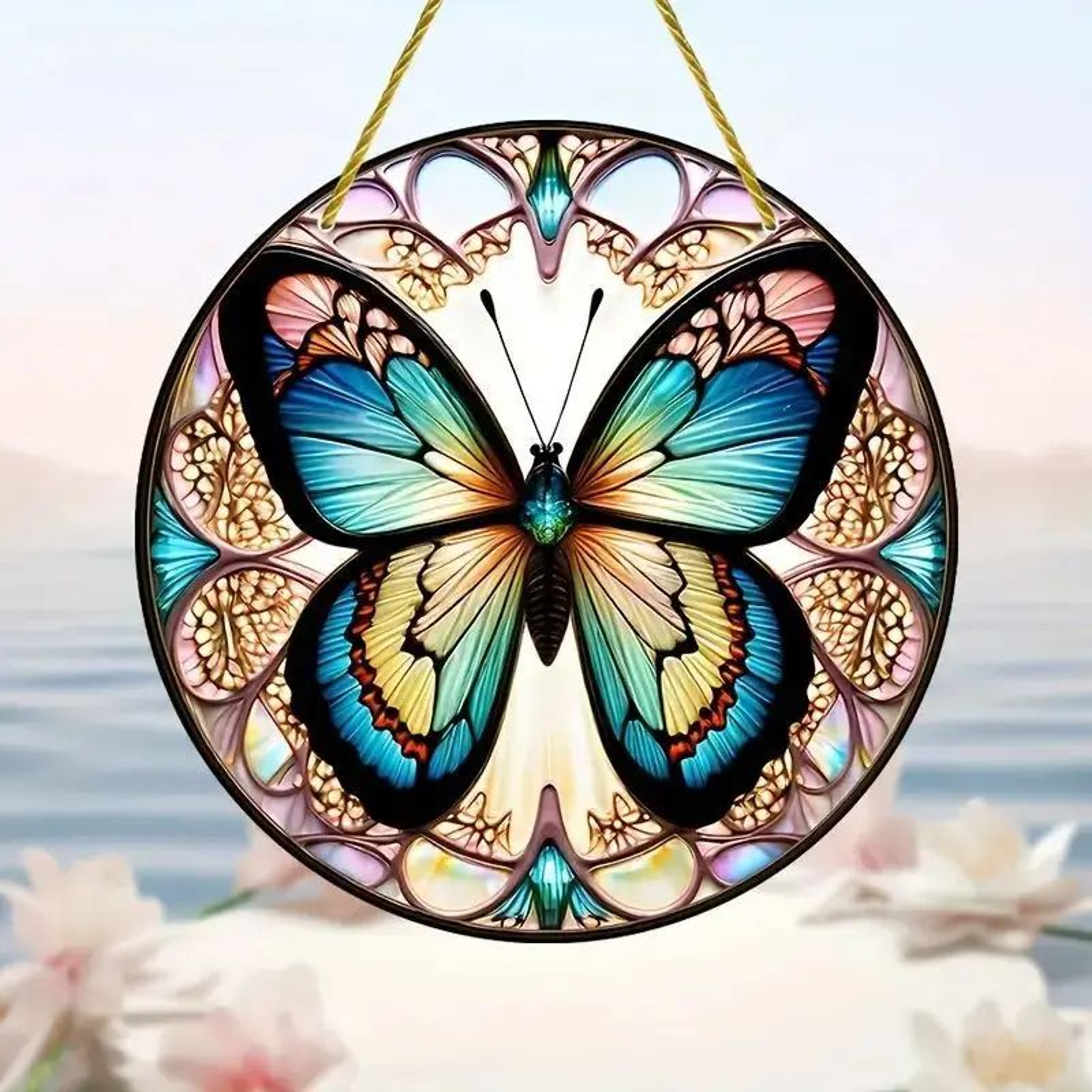 Butterfly Acrylic Suncatcher Hanging Decor  Round Stained Window Art Ornament With Golden Rope 18
