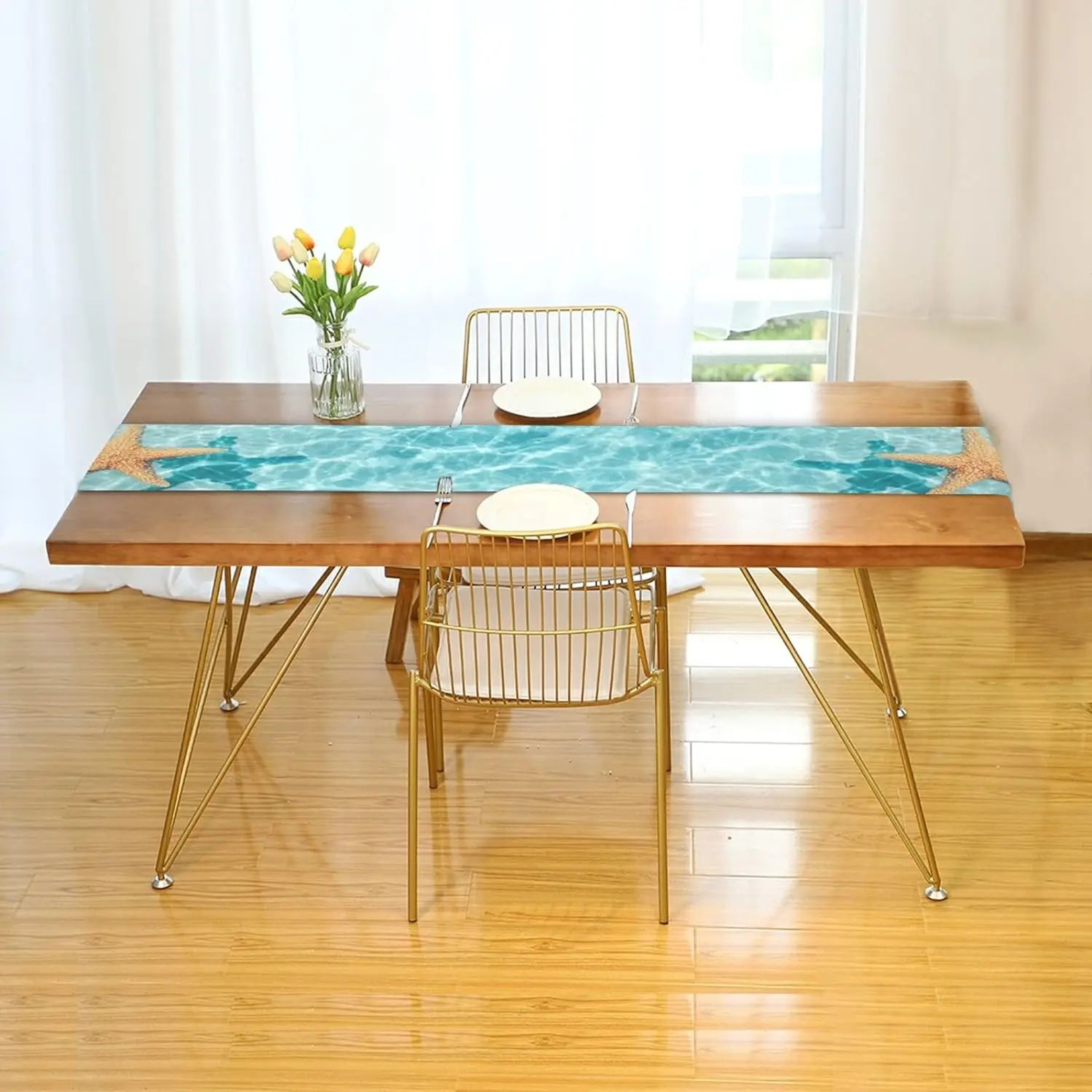 Coastal Starfish Watercolor Linen Table Runner  Ocean Beach Dining Decor Reusable Farmhouse Table S 5