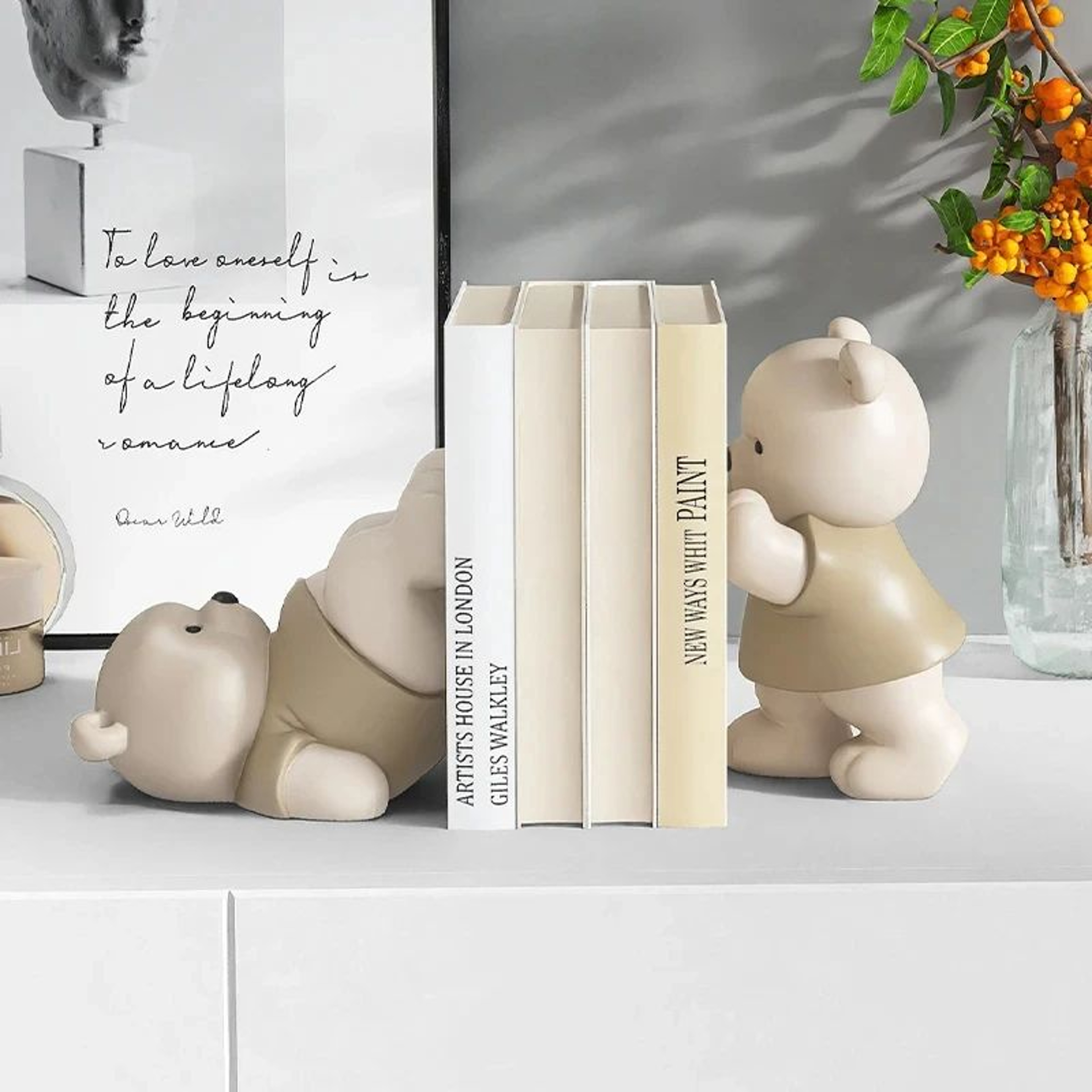 Cute Bear Bookend Figurine  Cream Style Decorative Book Holder For Home  Shelf Decor 4