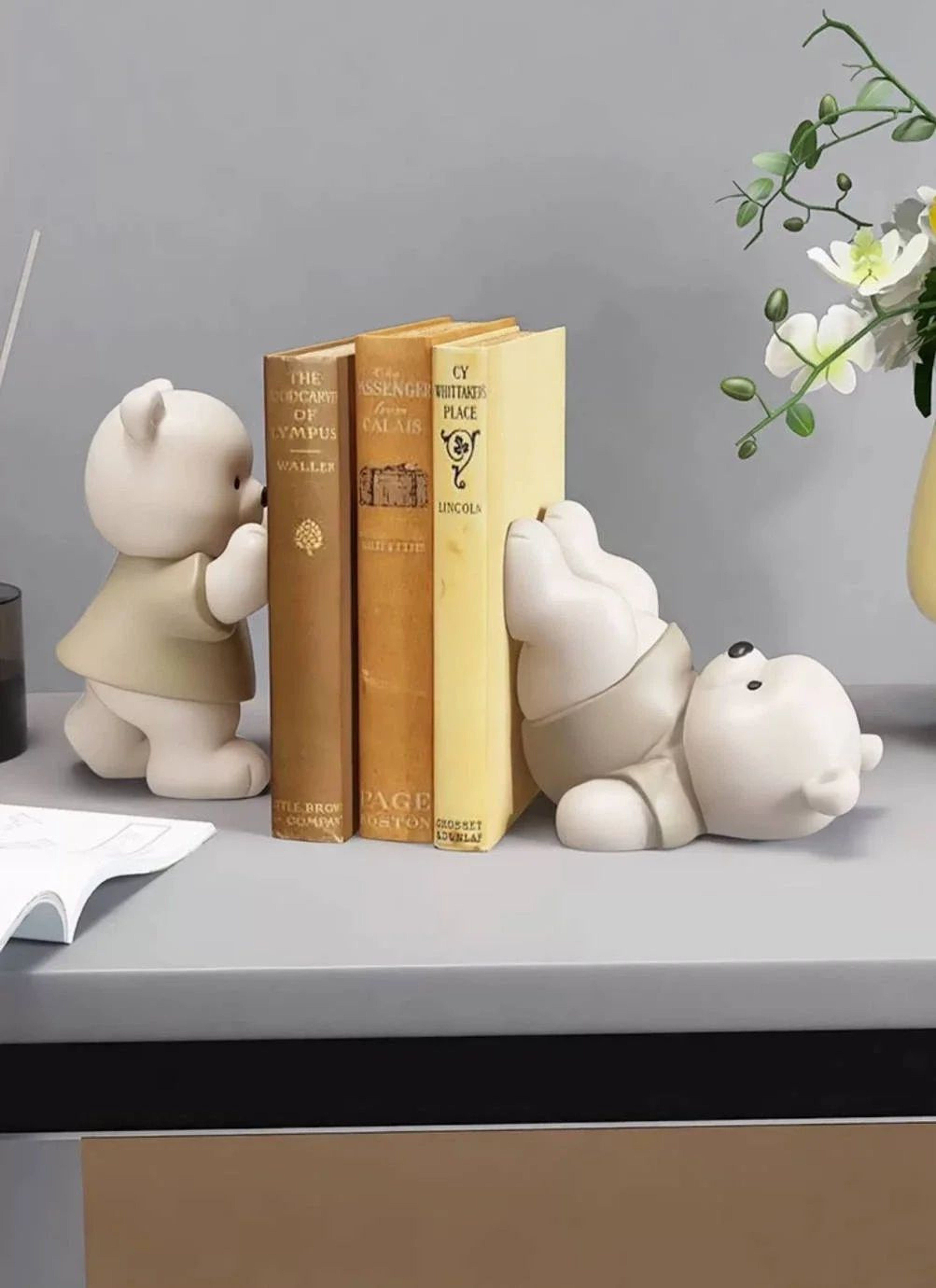 Cute Bear Bookend Figurine  Cream Style Decorative Book Holder For Home  Shelf Decor 5