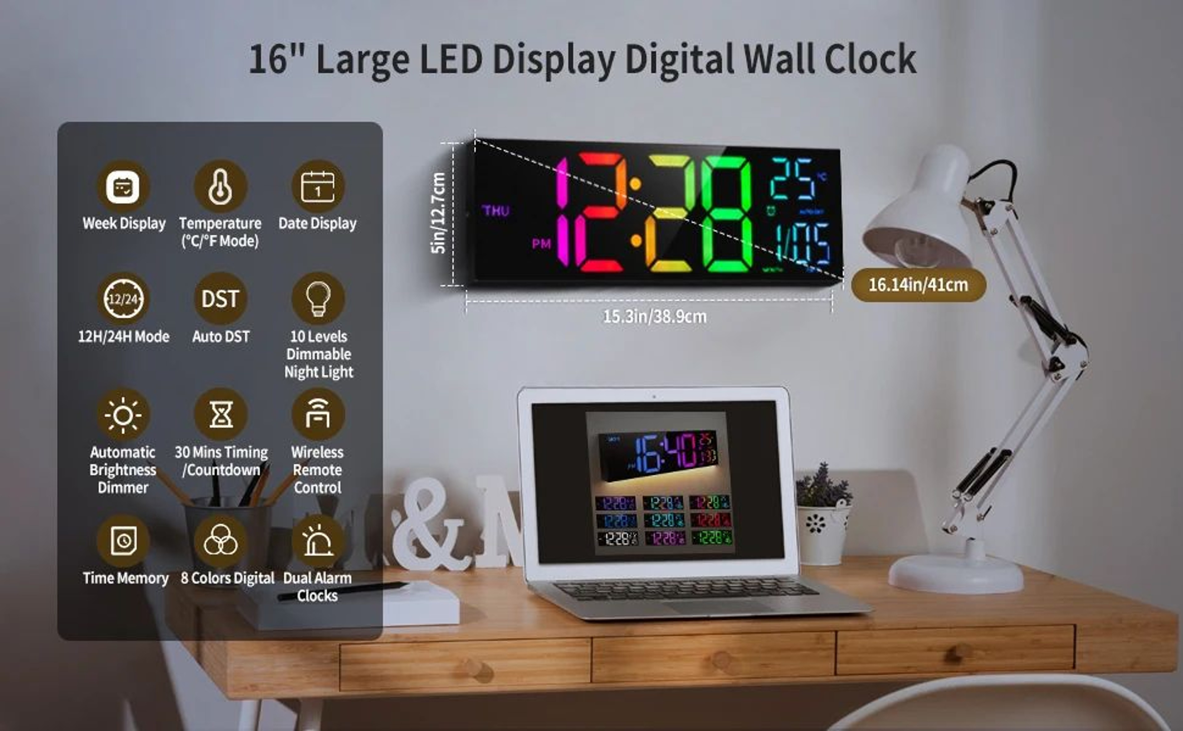 16Inch RGB LED Digital Wall Clock  Large Display With Remote Alarm Temperature  DST Smart Clock 9