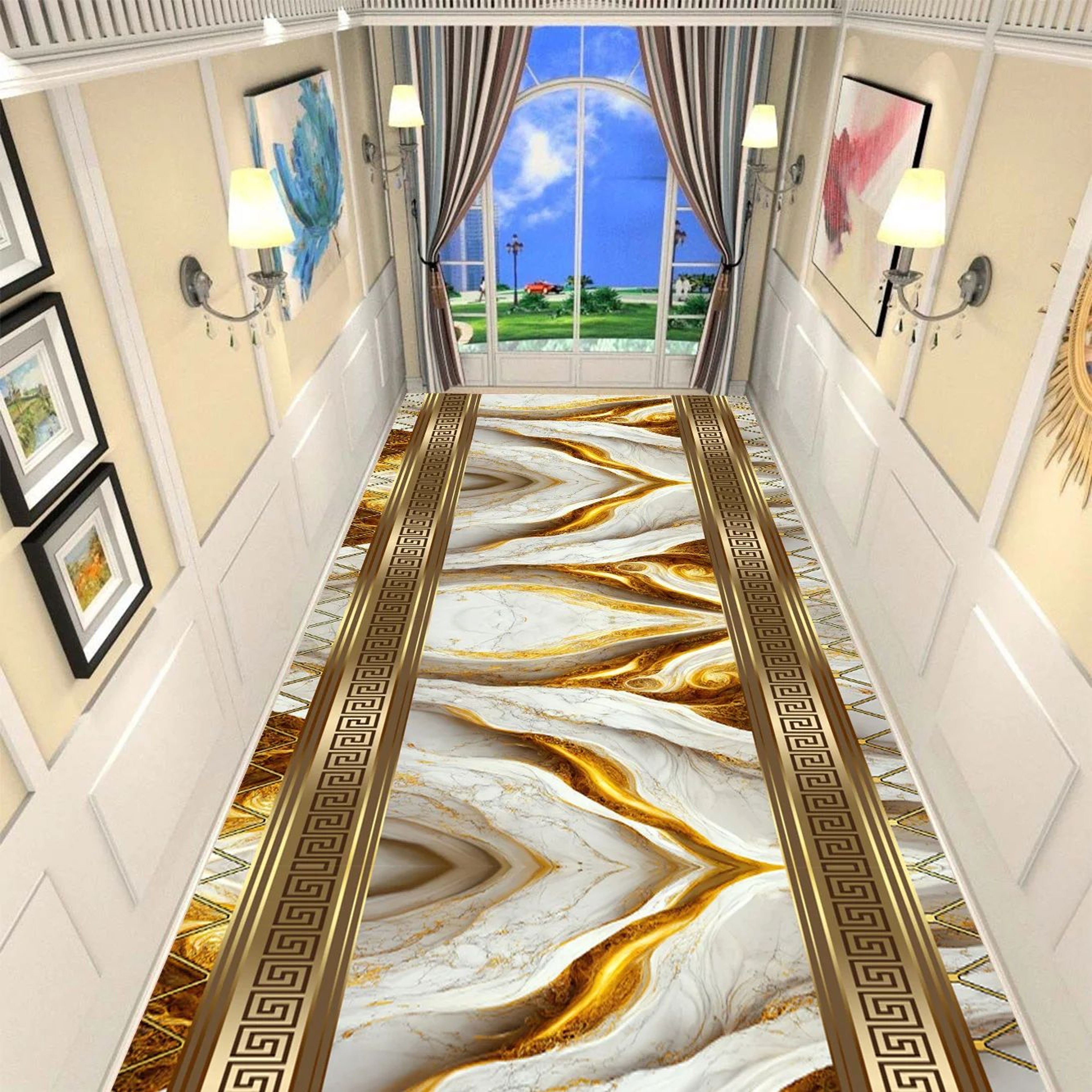 Golden Abstract Marble Runner Rug  NonSlip Hallway Carpet Luxury 3D Print Washable Floor Mat 0