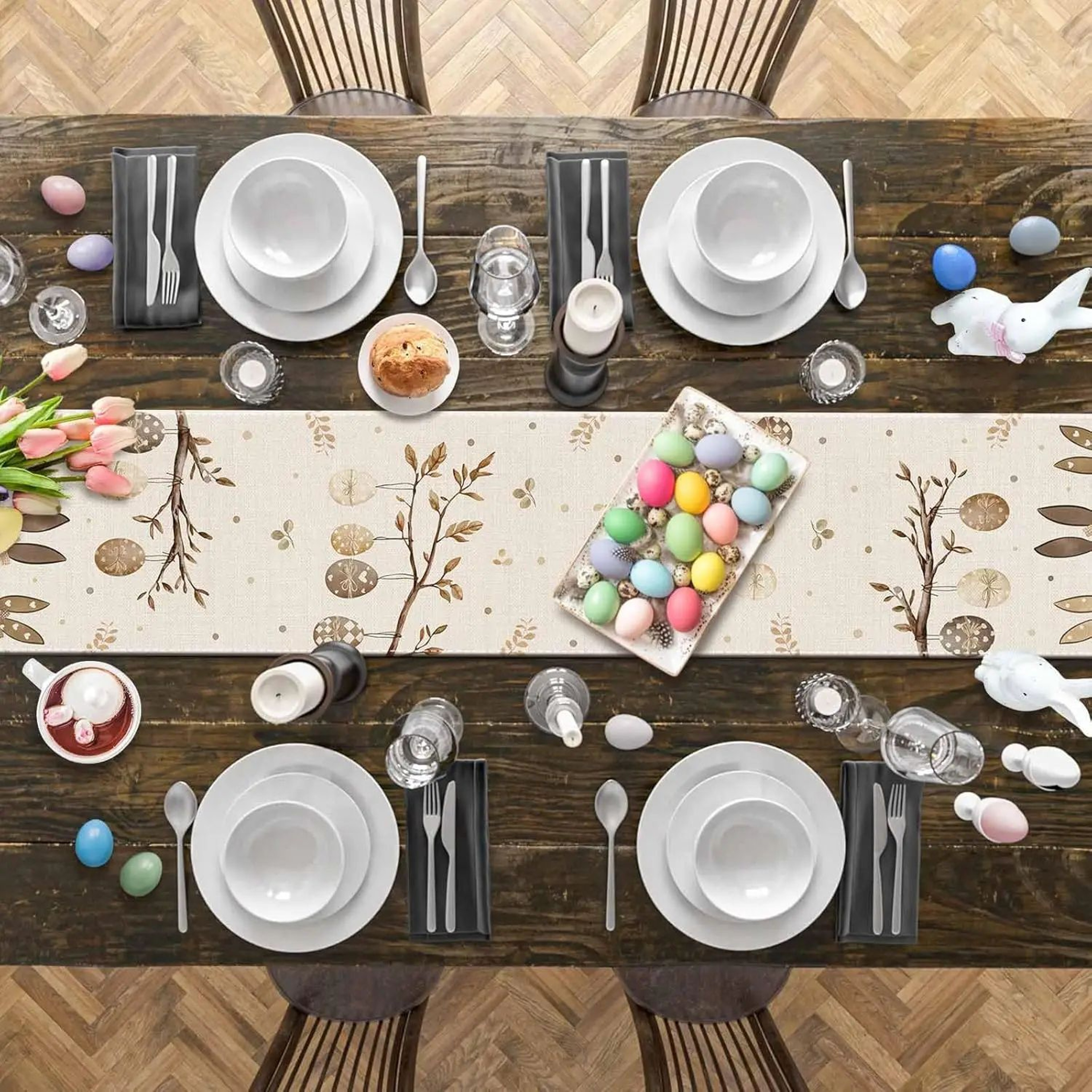 Rustic Easter Bunny Linen Table Runner  Spring Botanical Egg Table Decor 3