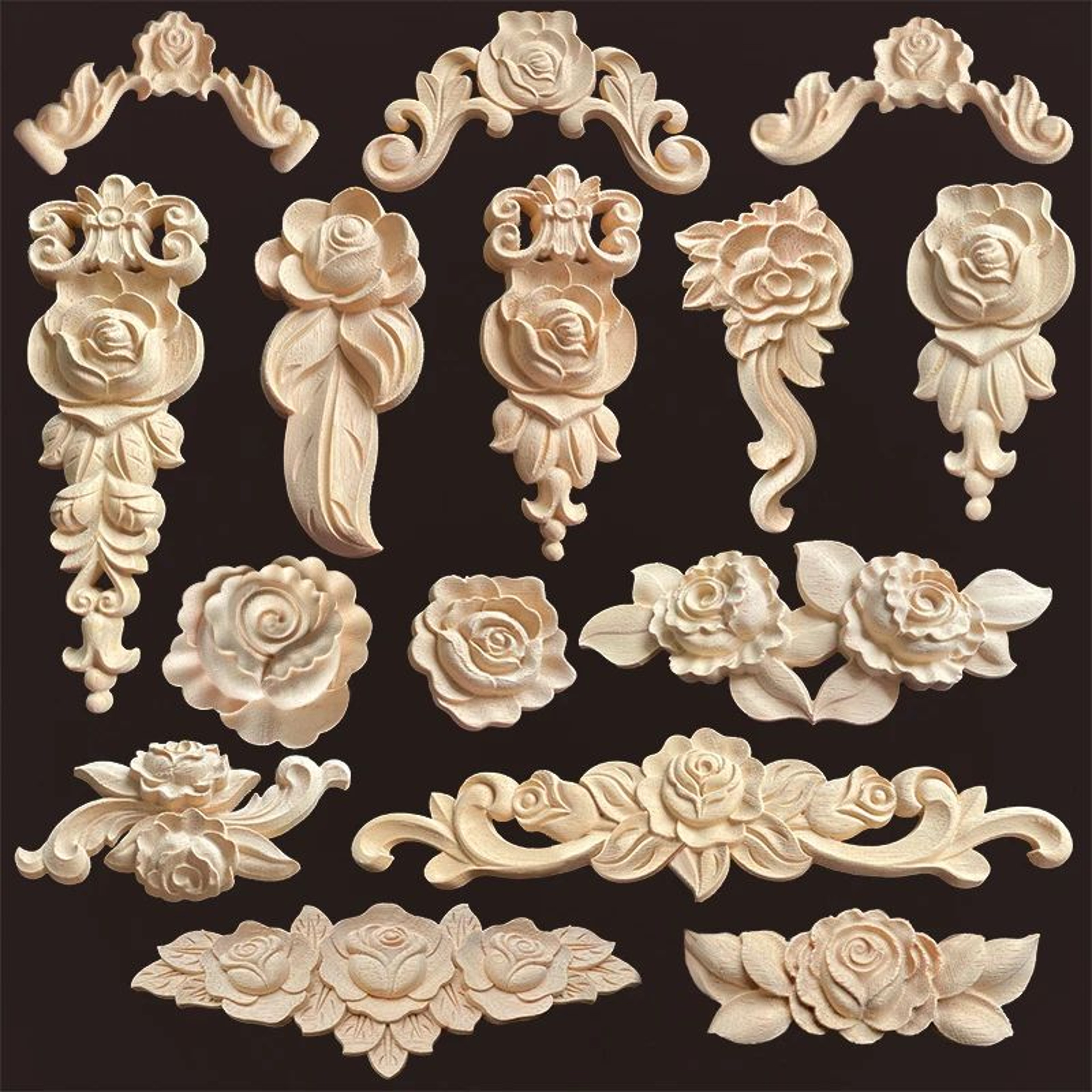 Vintage Rose Wood Carving Appliques  Decorative Onlays For Furniture  Antique Home Decor 0