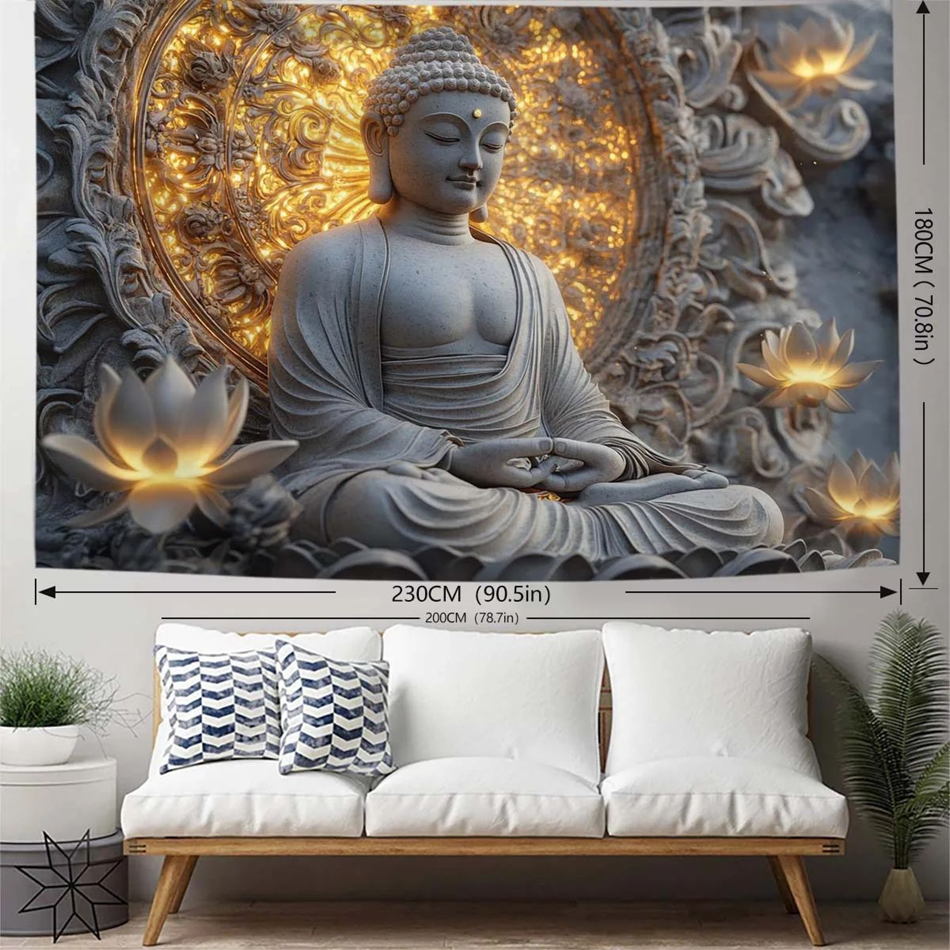 Spiritual Buddha Lotus Tapestry Wall Hanging  Giant Beige Fabric Wall Art For Living Room  Bedroom 3