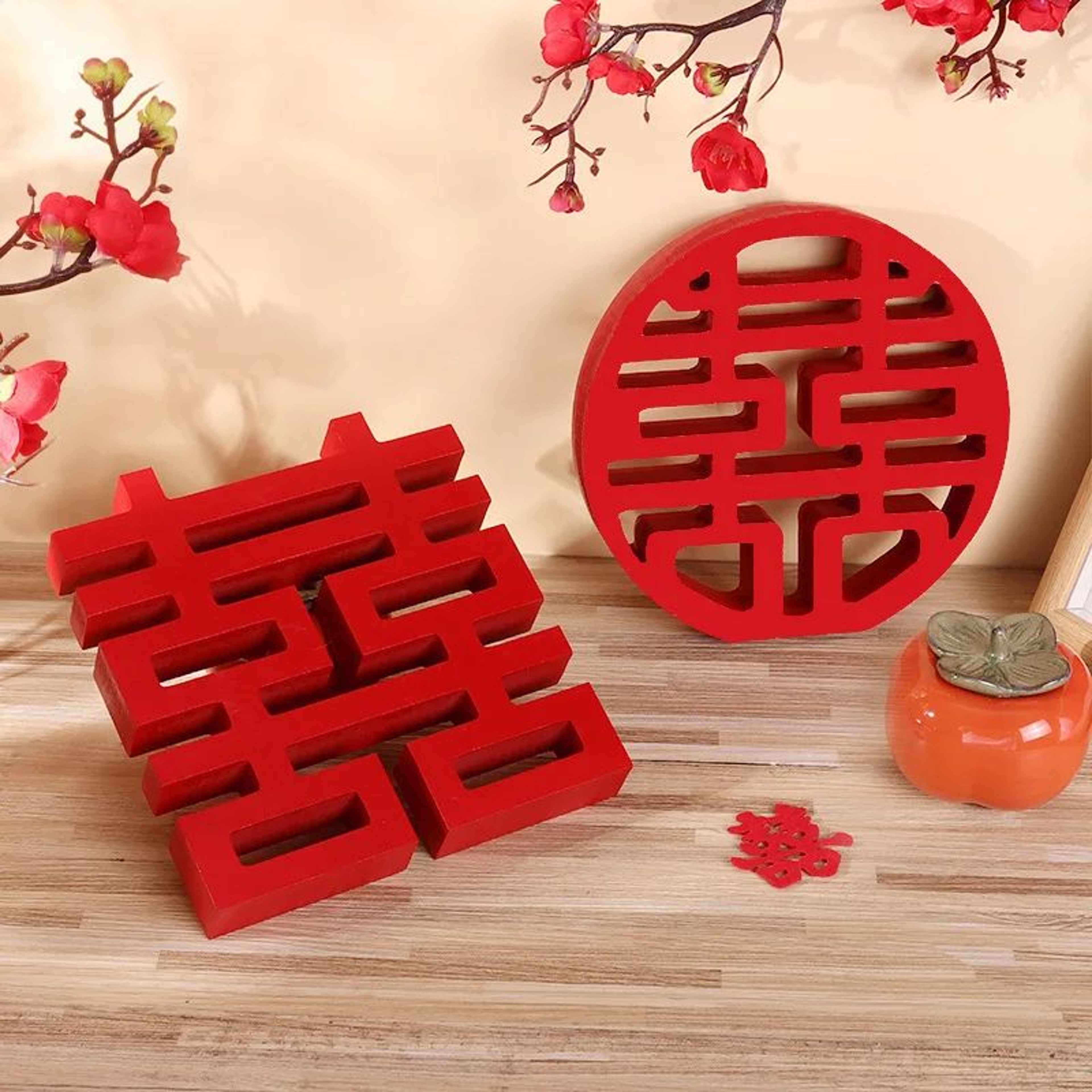 Double Happiness Xi Symbol Wooden Decor  Traditional Chinese Wedding  Festival Wall Ornament 1