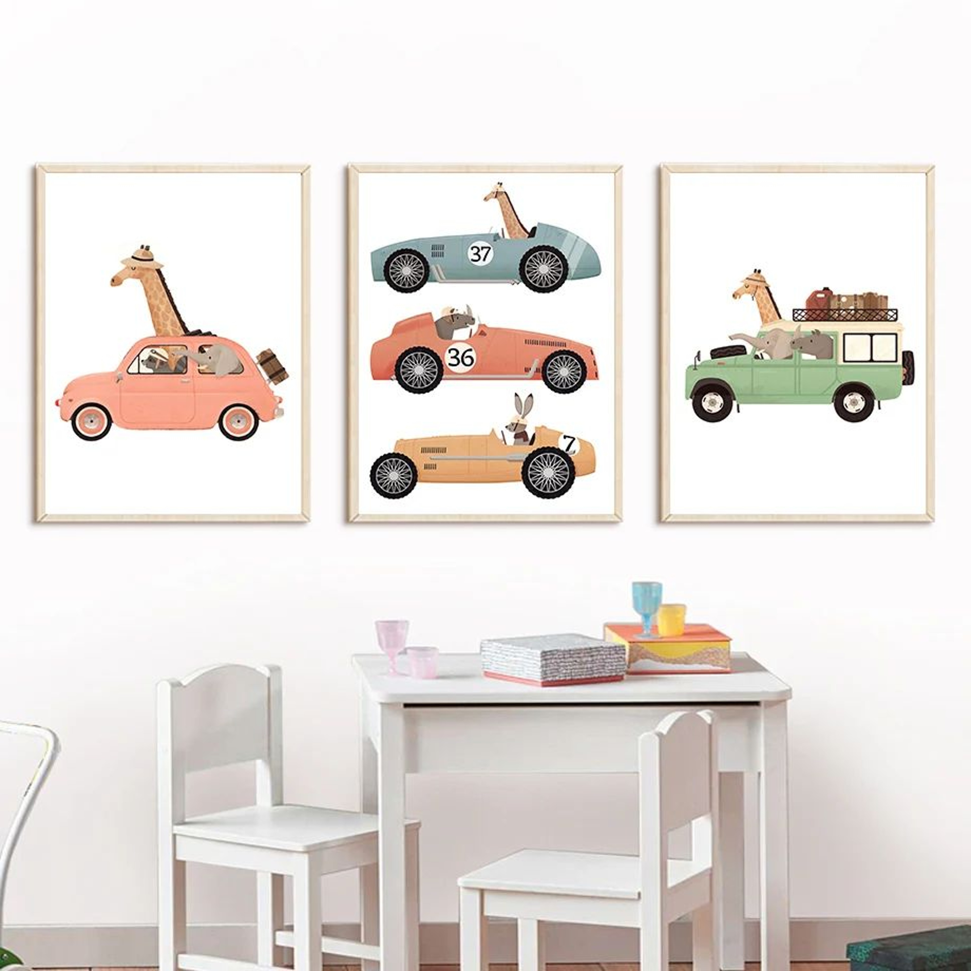 Funny Safari Animals Canvas Wall Art  Elephant  Giraffe Nursery Poster For Kids Bedroom Decor 1