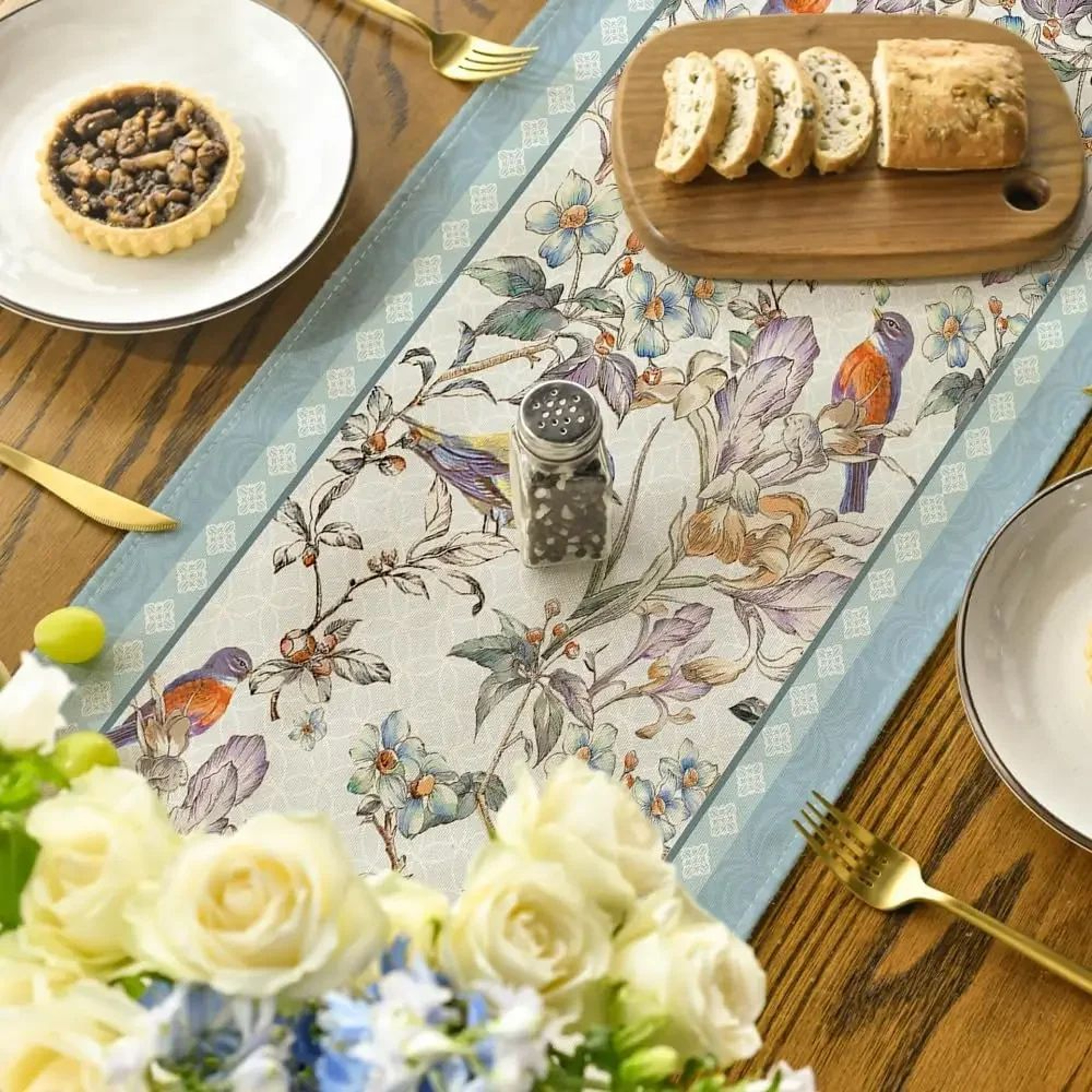 Blue Birds  Blossom Linen Table Runner  Elegant Floral Dining  Wedding Decor 1