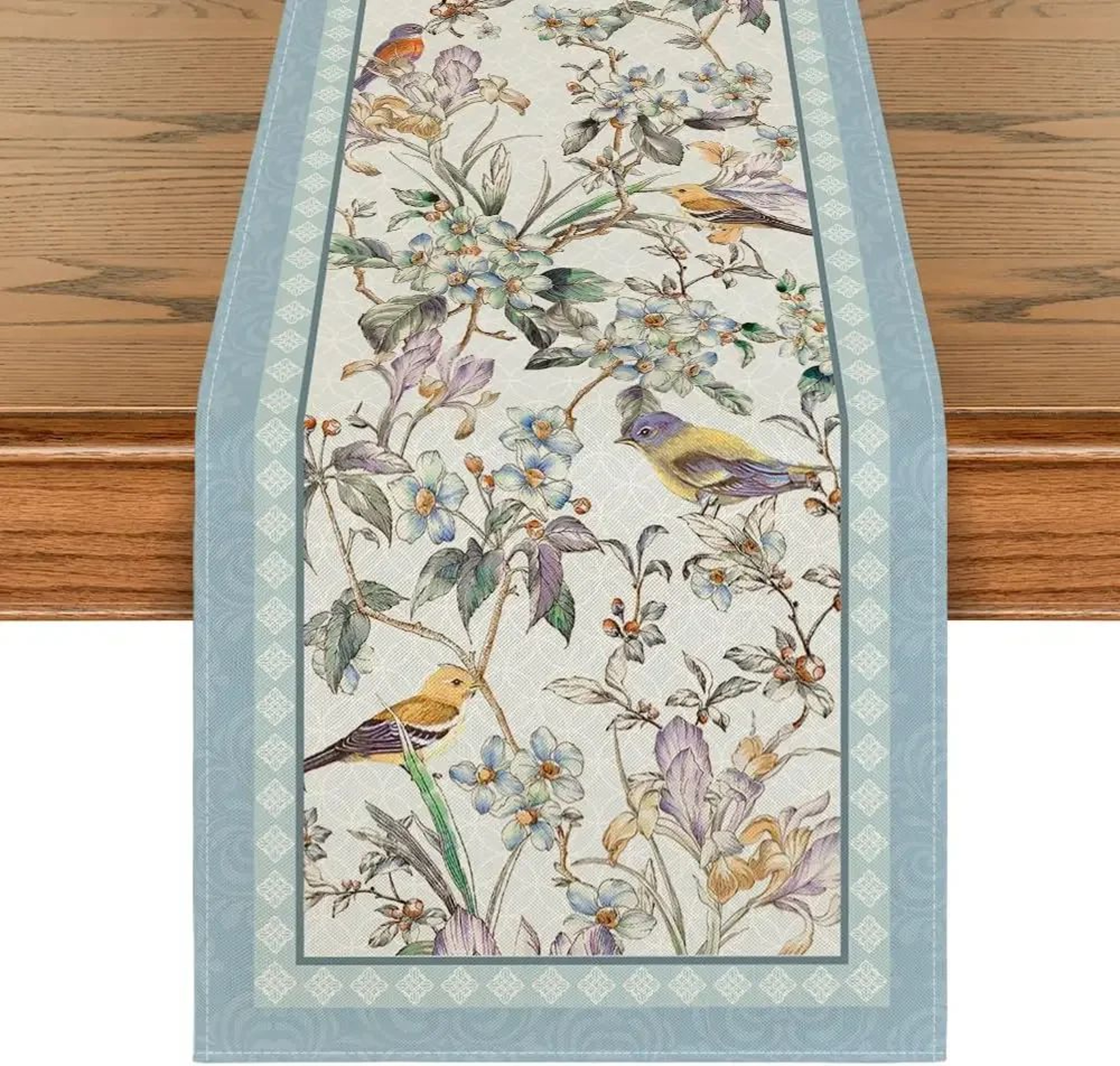 Blue Birds  Blossom Linen Table Runner  Elegant Floral Dining  Wedding Decor 6