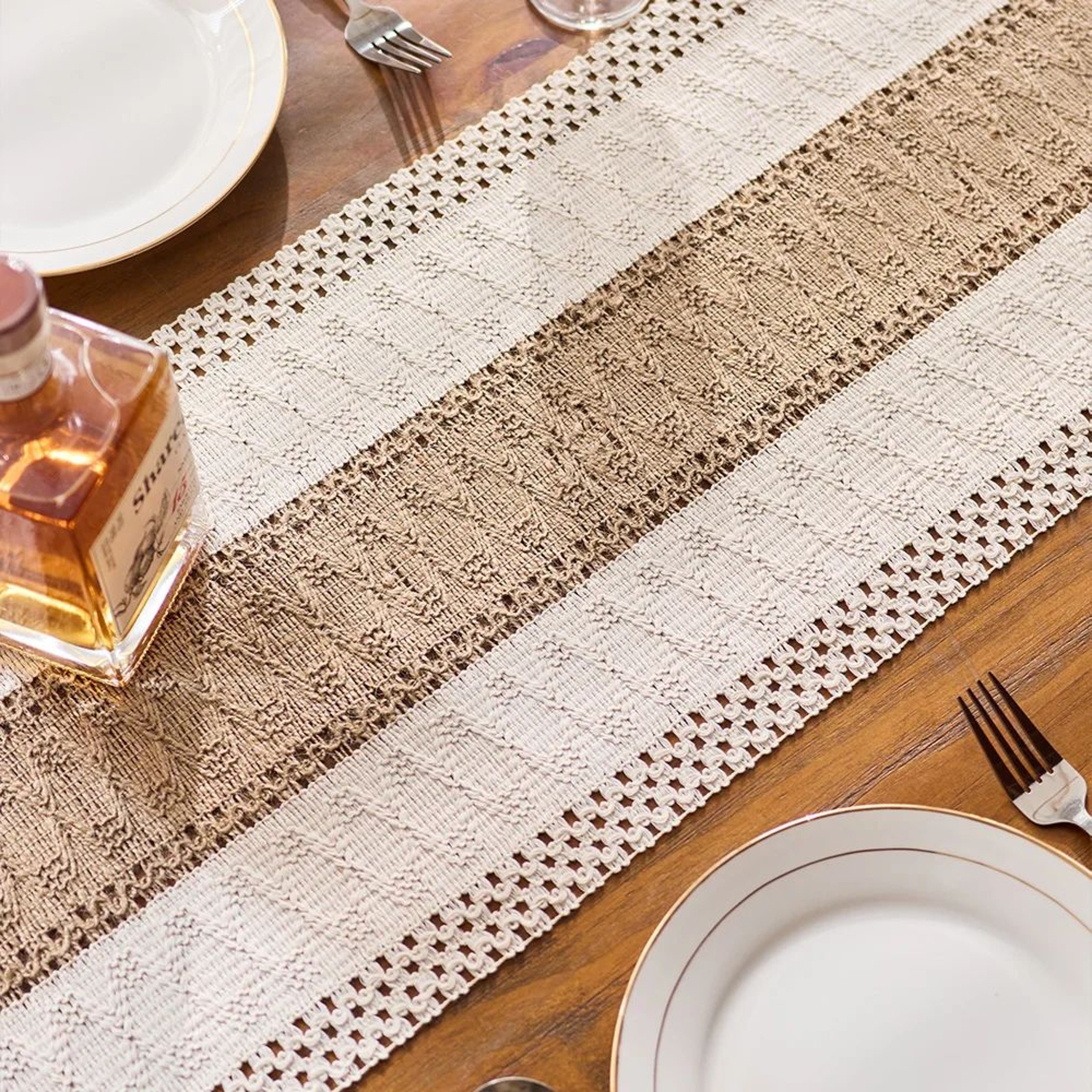 Boho Macrame Table Runner With Tassels  Cream  Brown Farmhouse Dining Decor 2