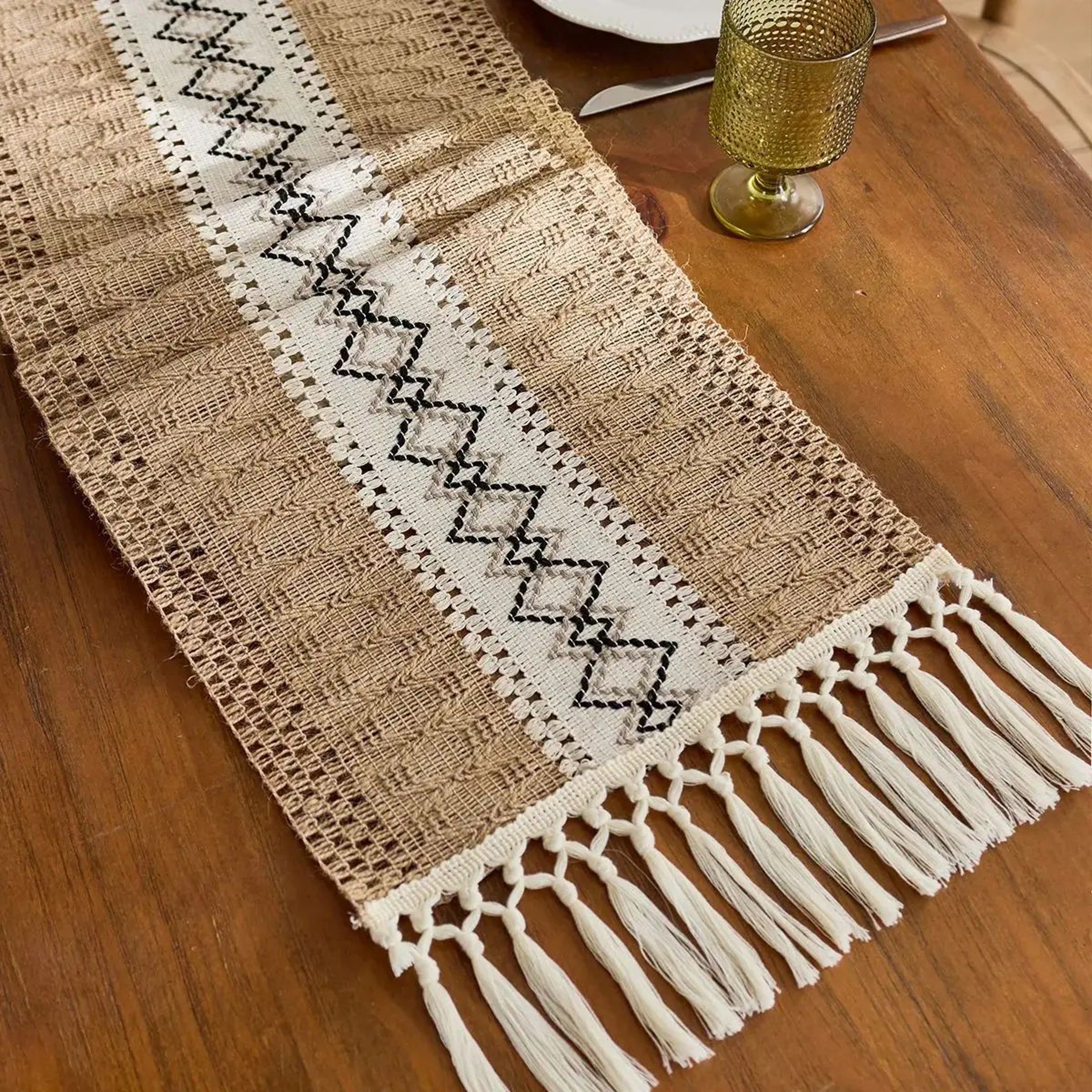 Boho Macrame Table Runner With Tassels  Rustic Burlap Farmhouse Dining Table Decor 6