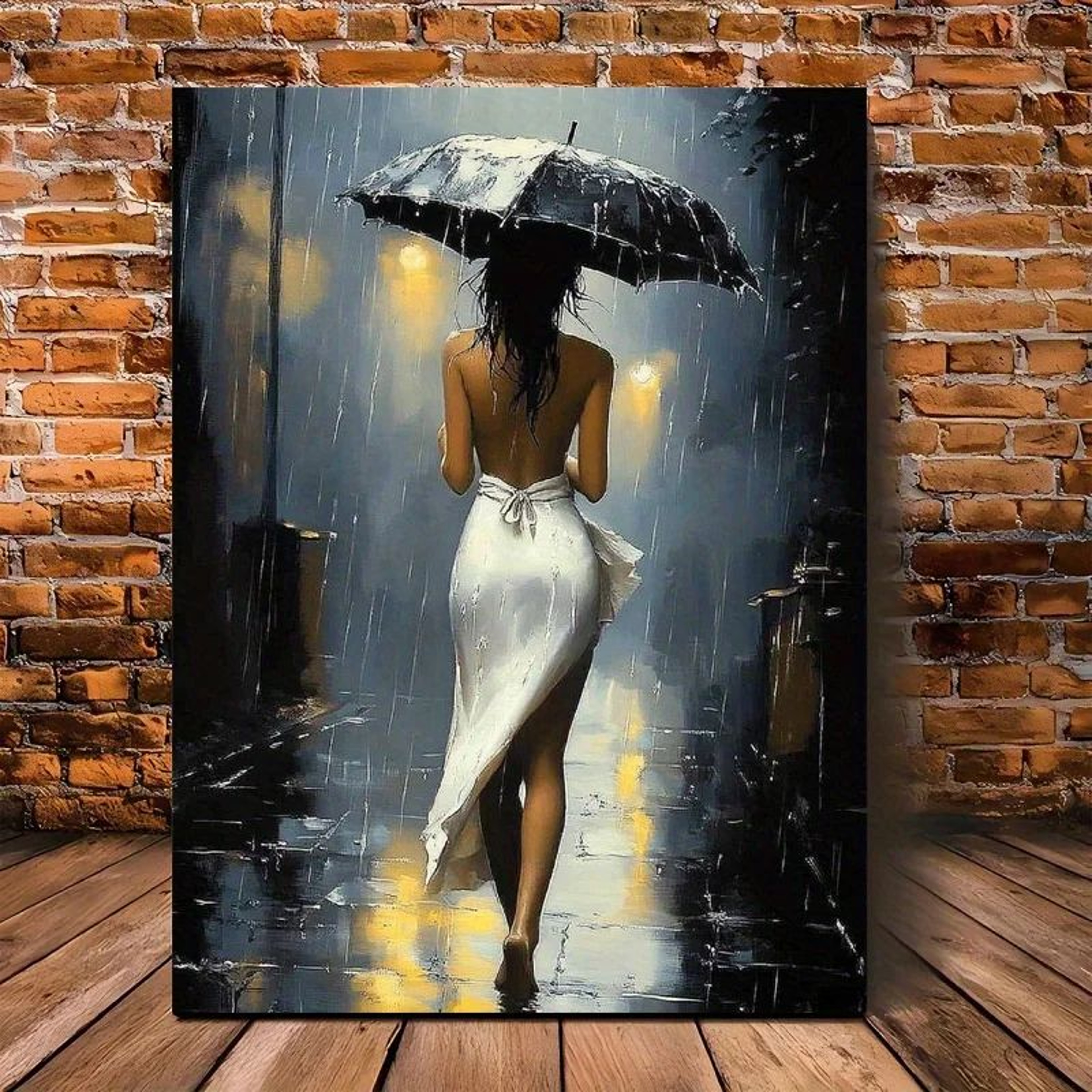 Romantic Rainy Night Canvas Wall Art With Wooden Frame  Elegant Umbrella Street Scene Home Decor 0