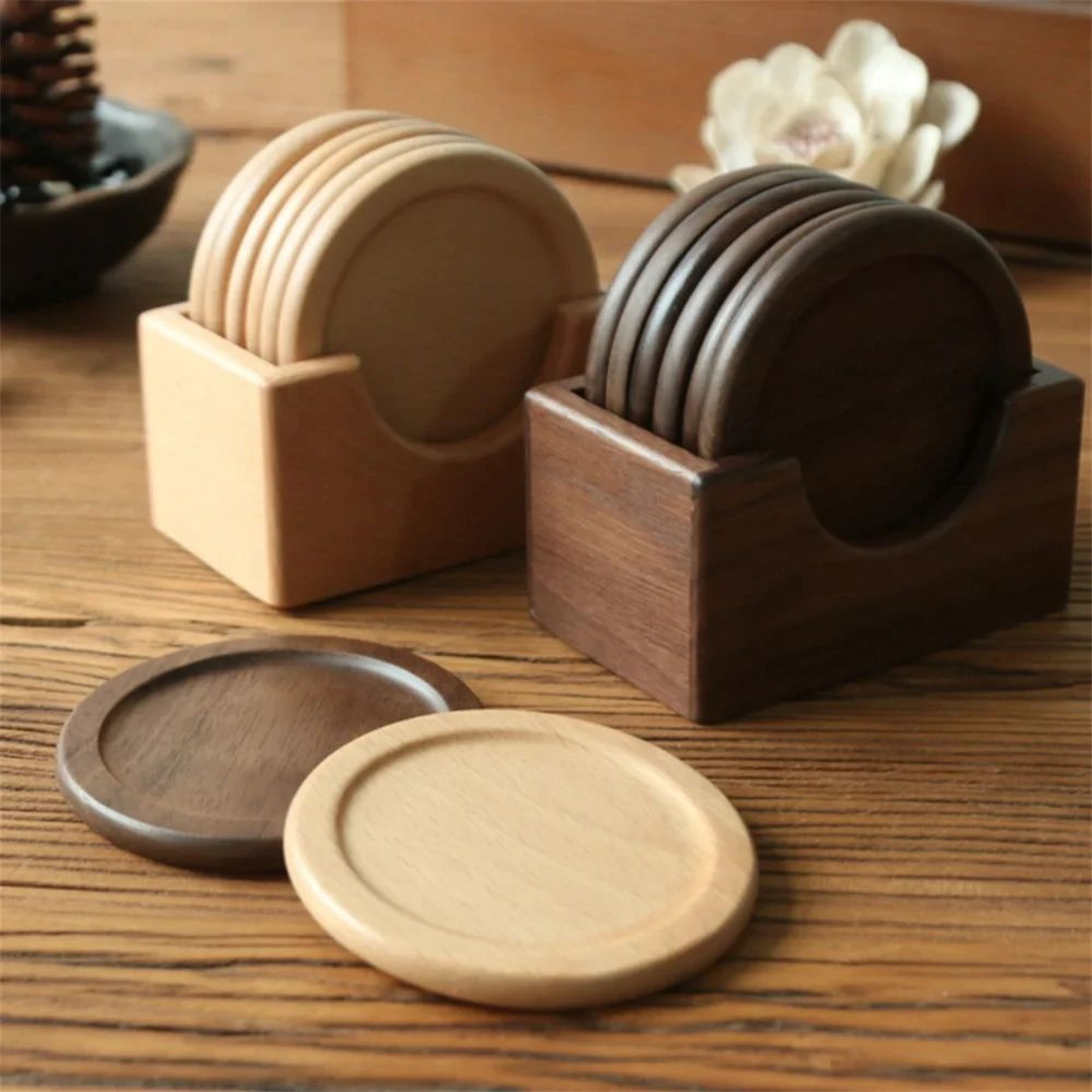 Walnut Wood Coaster Set  6pcs Round Heat Resistant Drink Coasters For Home Decor 0
