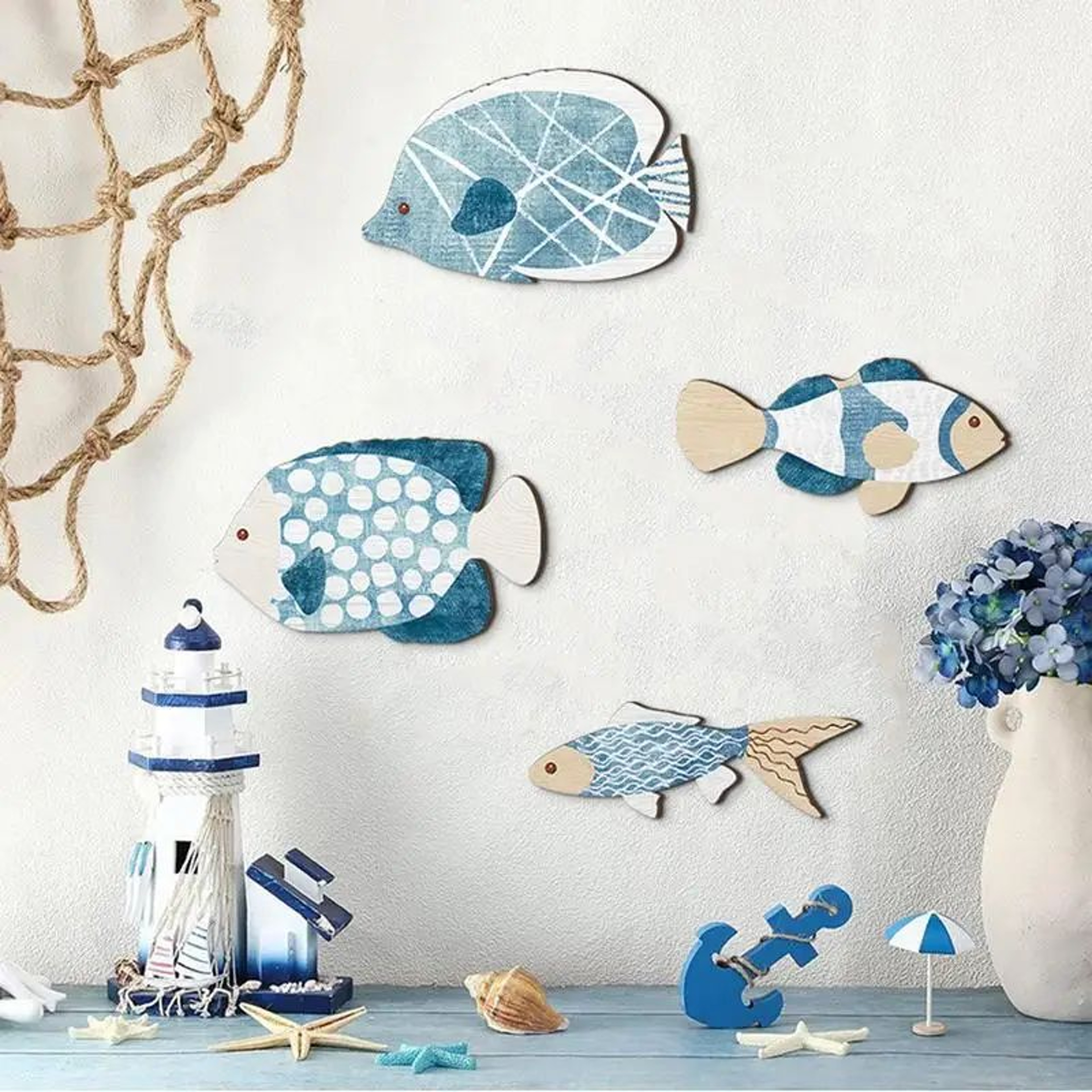 Coastal Wooden Fish Wall Decor Set  4pcs Nautical Beach Style Hanging Art For Home 1