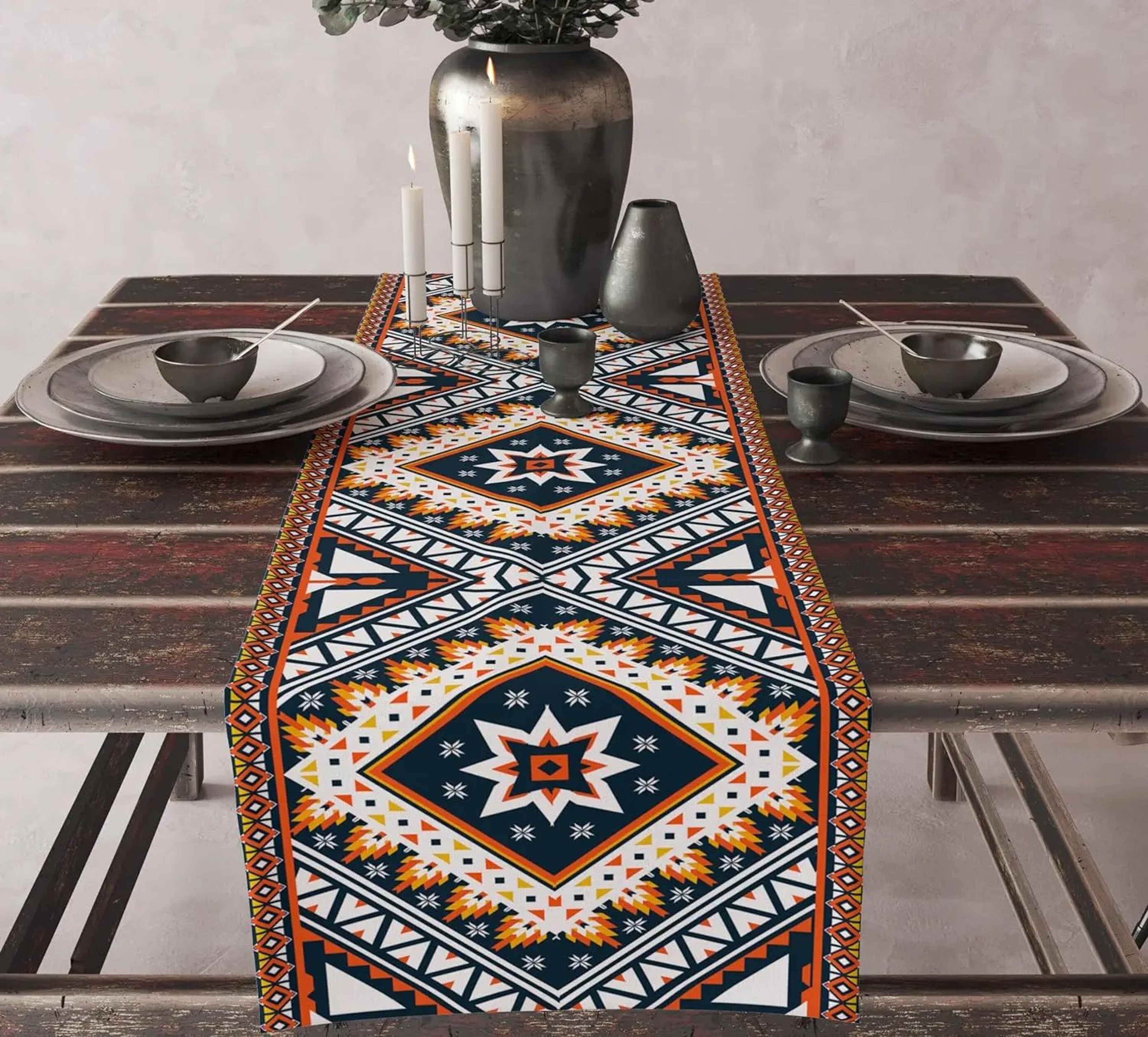 Aztec Tribal Linen Table Runner For Dining Table  Boho Geometric Farmhouse Kitchen Decor 7