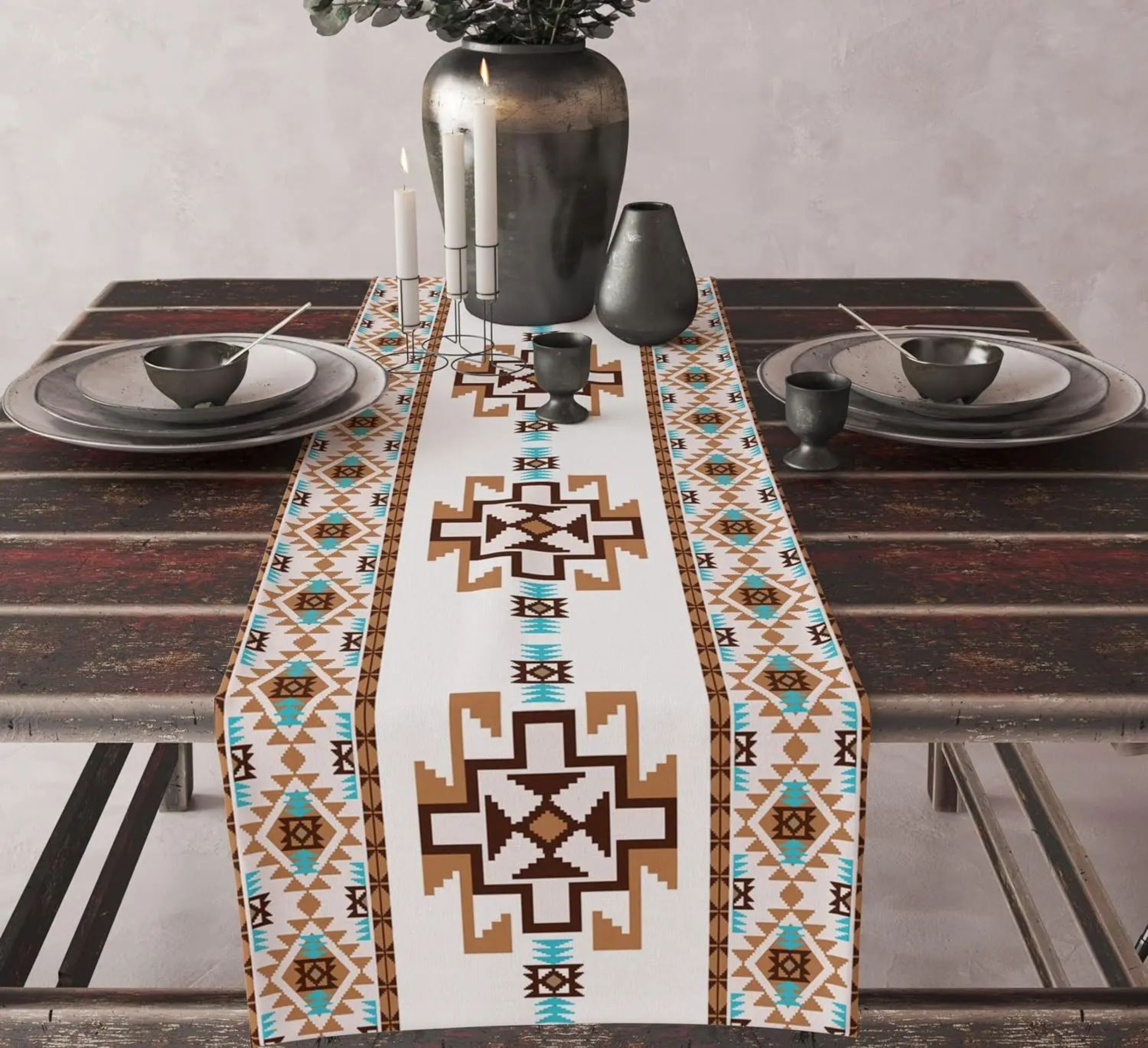 Aztec Tribal Linen Table Runner For Dining Table  Boho Geometric Farmhouse Kitchen Decor 17