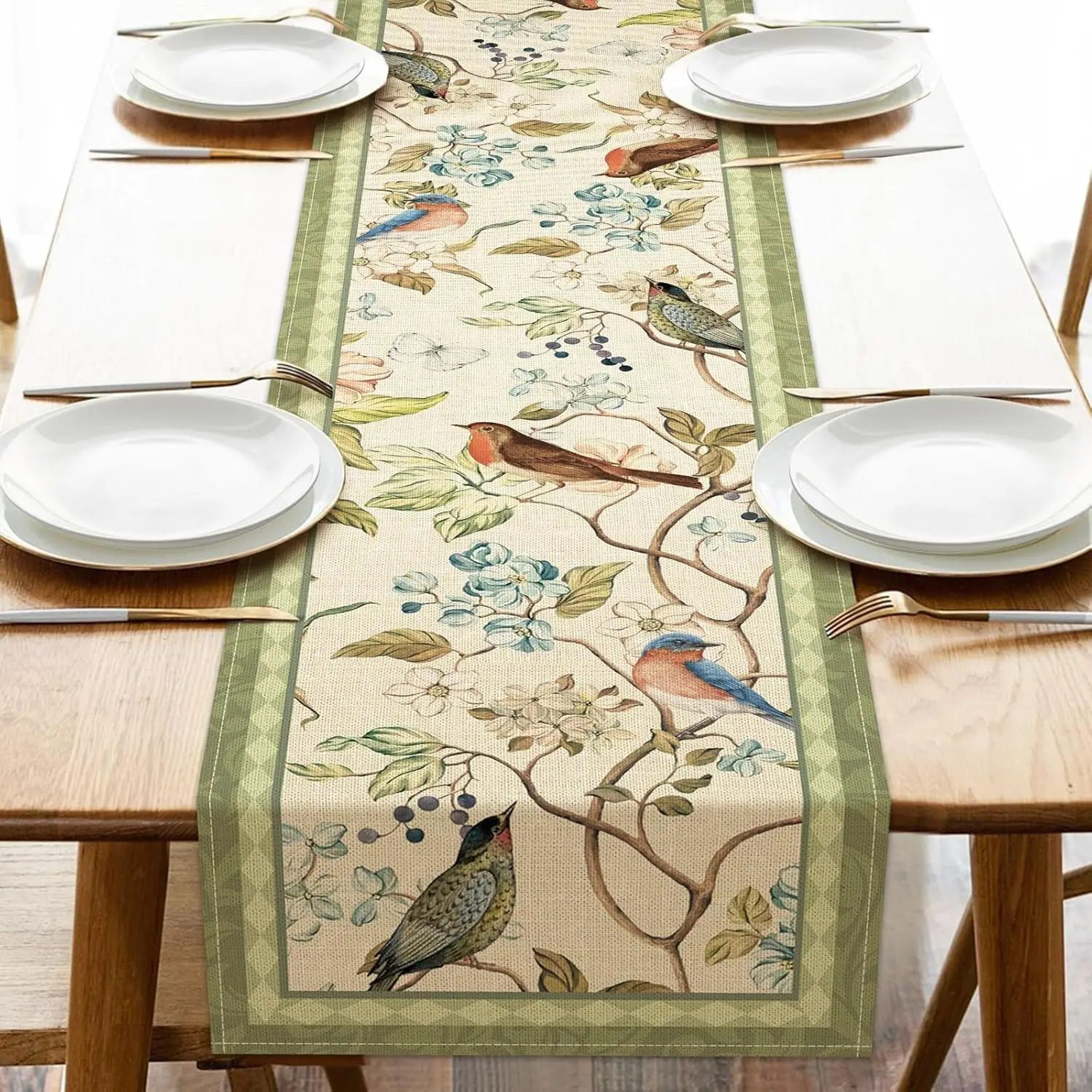 Vintage Floral Bird Linen Table Runner For Dining Table  Farmhouse Summer Botanical Decor 0