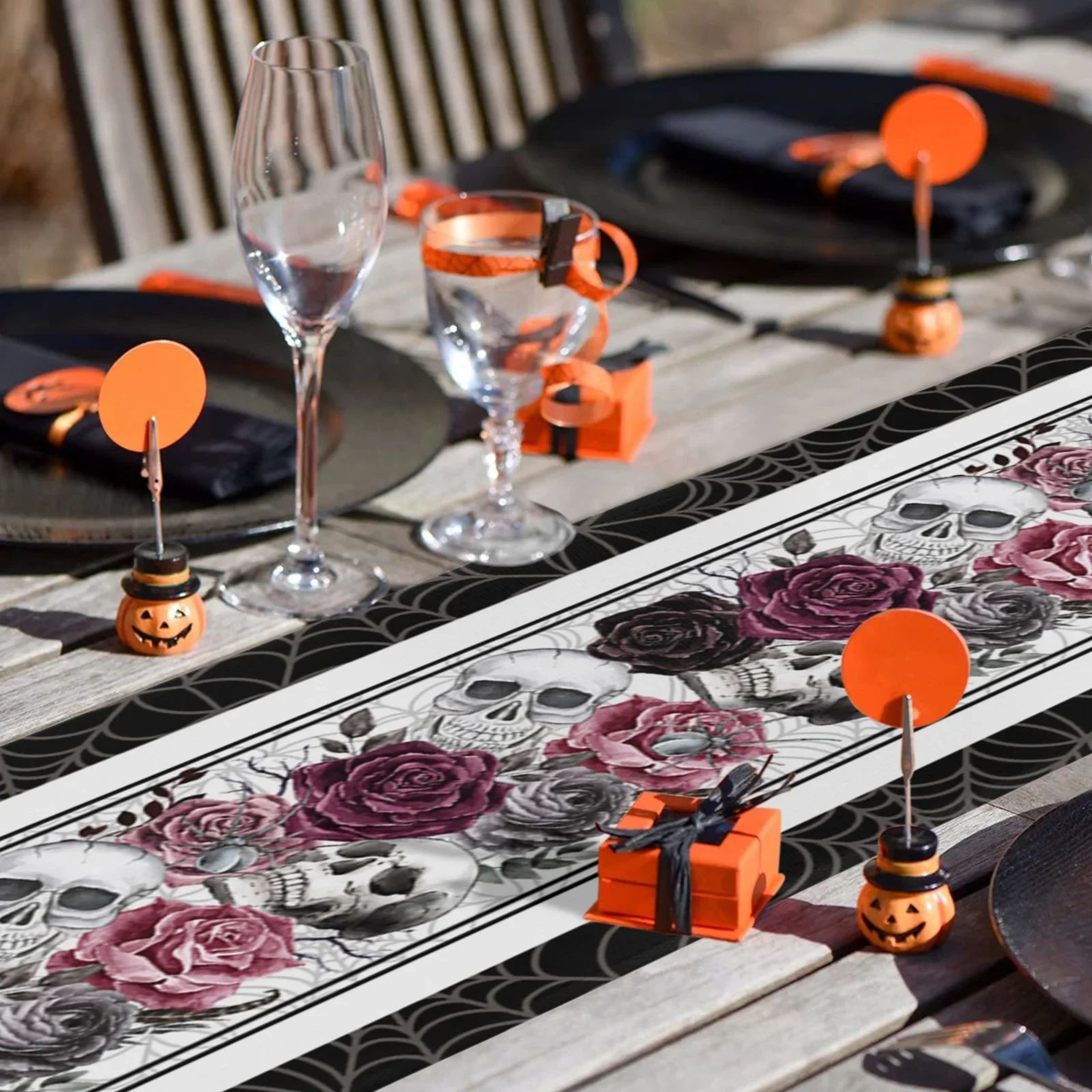 Halloween Skull Rose Linen Table Runner For Dining Table  Gothic Crow Party Kitchen Decor 4