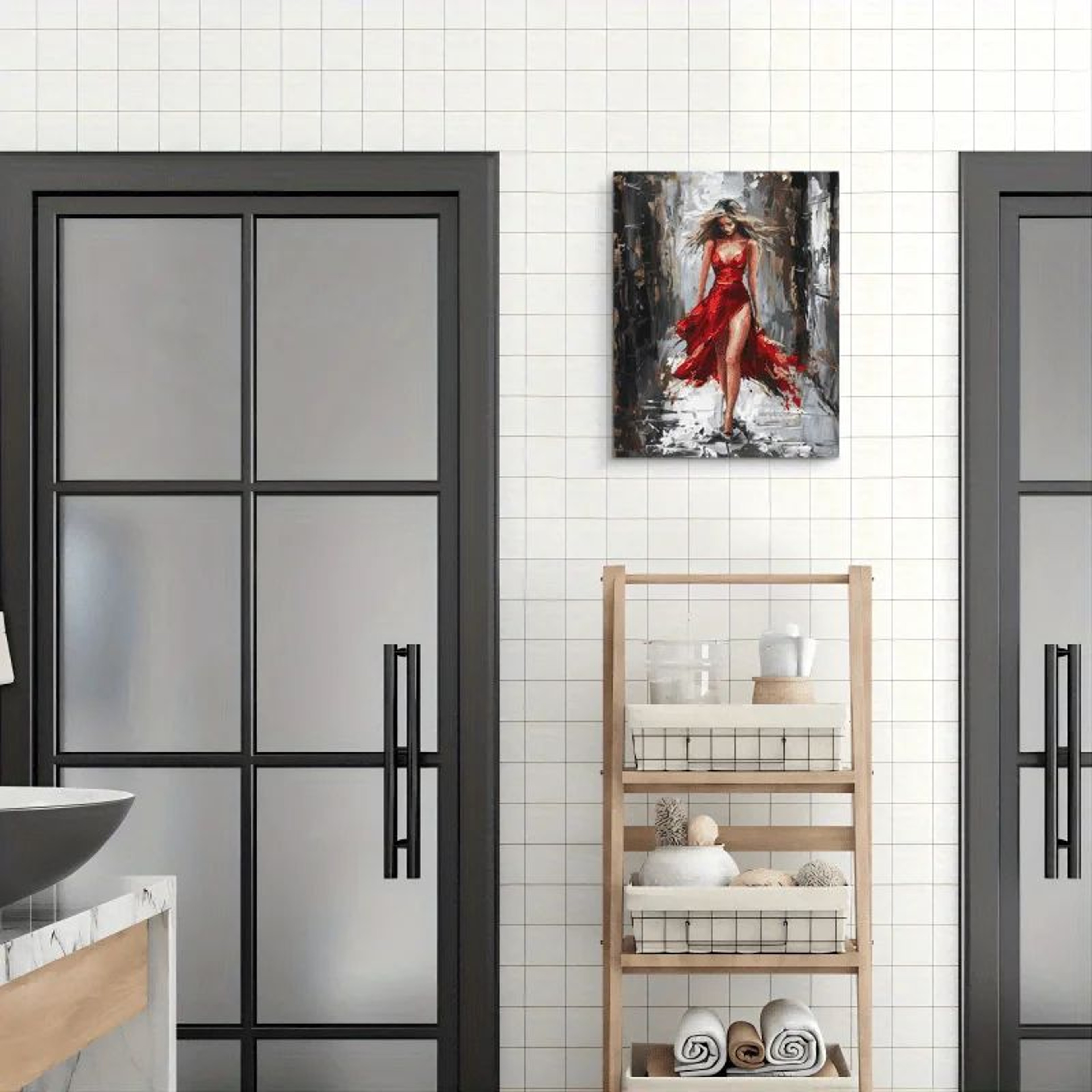 Elegant Woman Canvas Wall Art With Wooden Frame  Red Dress Modern Office  Home Decor 3