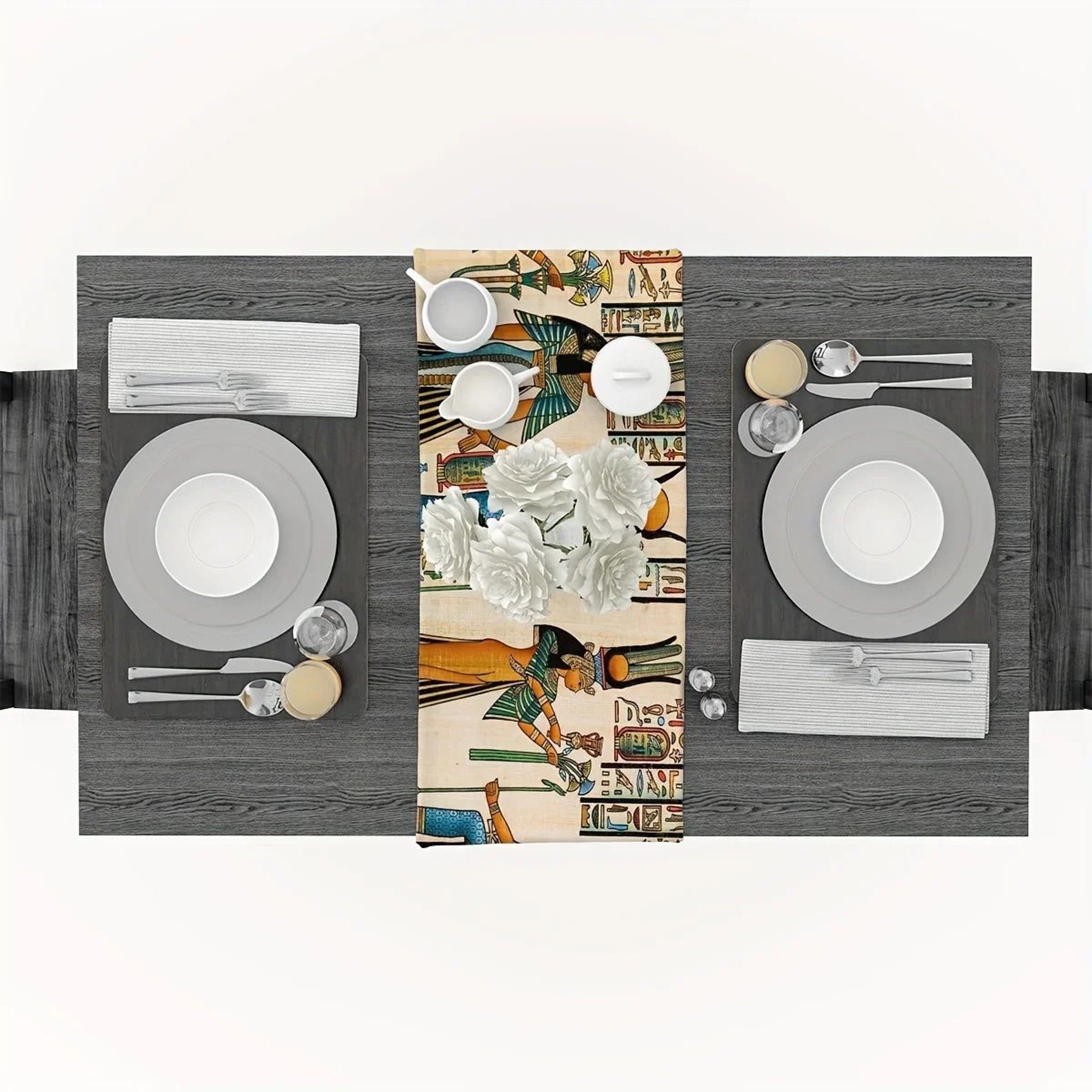 Ancient Egyptian Linen Table Runner For Dining Table  Ethnic Pharaoh Mural Farmhouse Decor 3