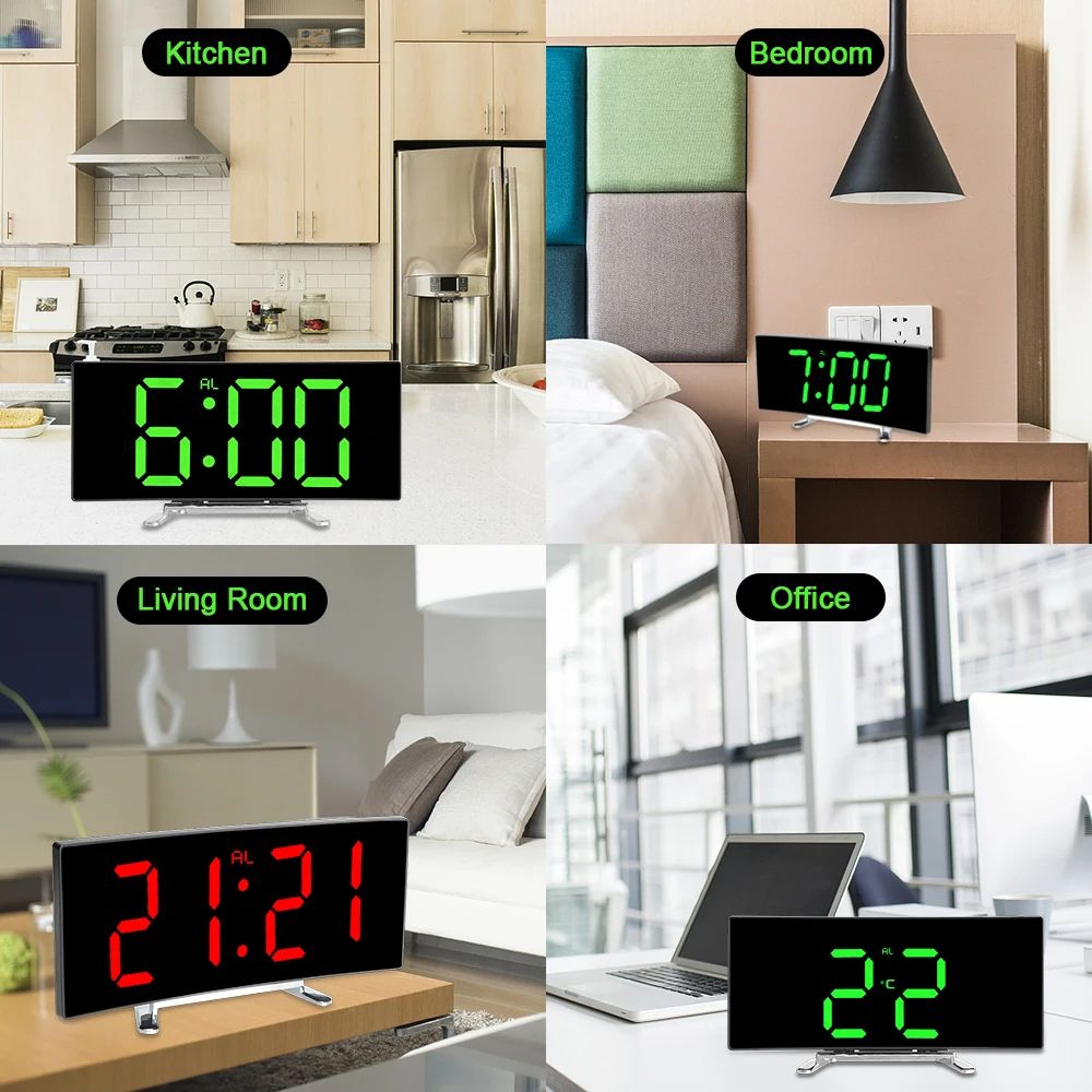 Curved LED Mirror Alarm Clock  Dimmable Digital Desk Clock With Temperature Display  Snooze Functio 4