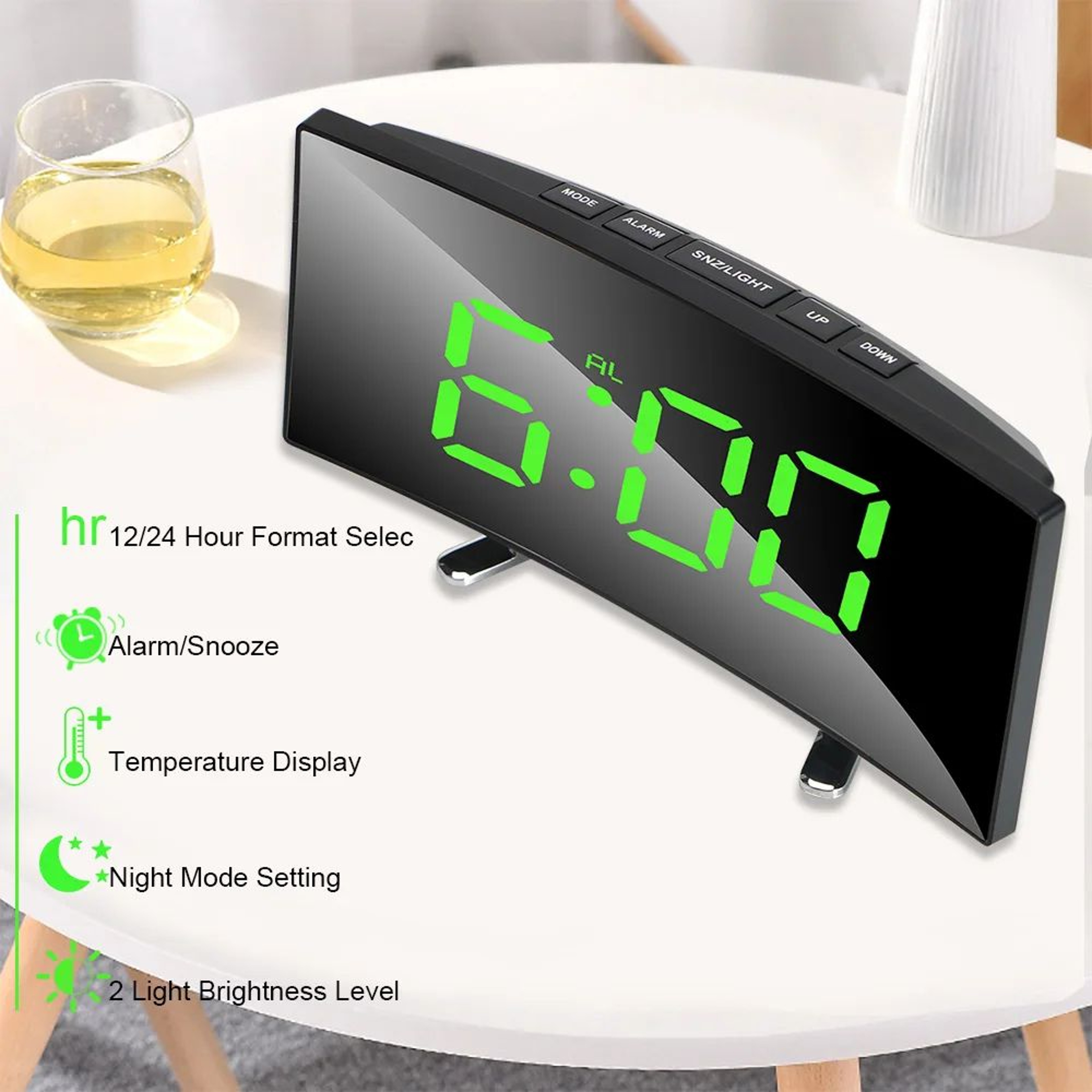 Curved LED Mirror Alarm Clock  Dimmable Digital Desk Clock With Temperature Display  Snooze Functio 1