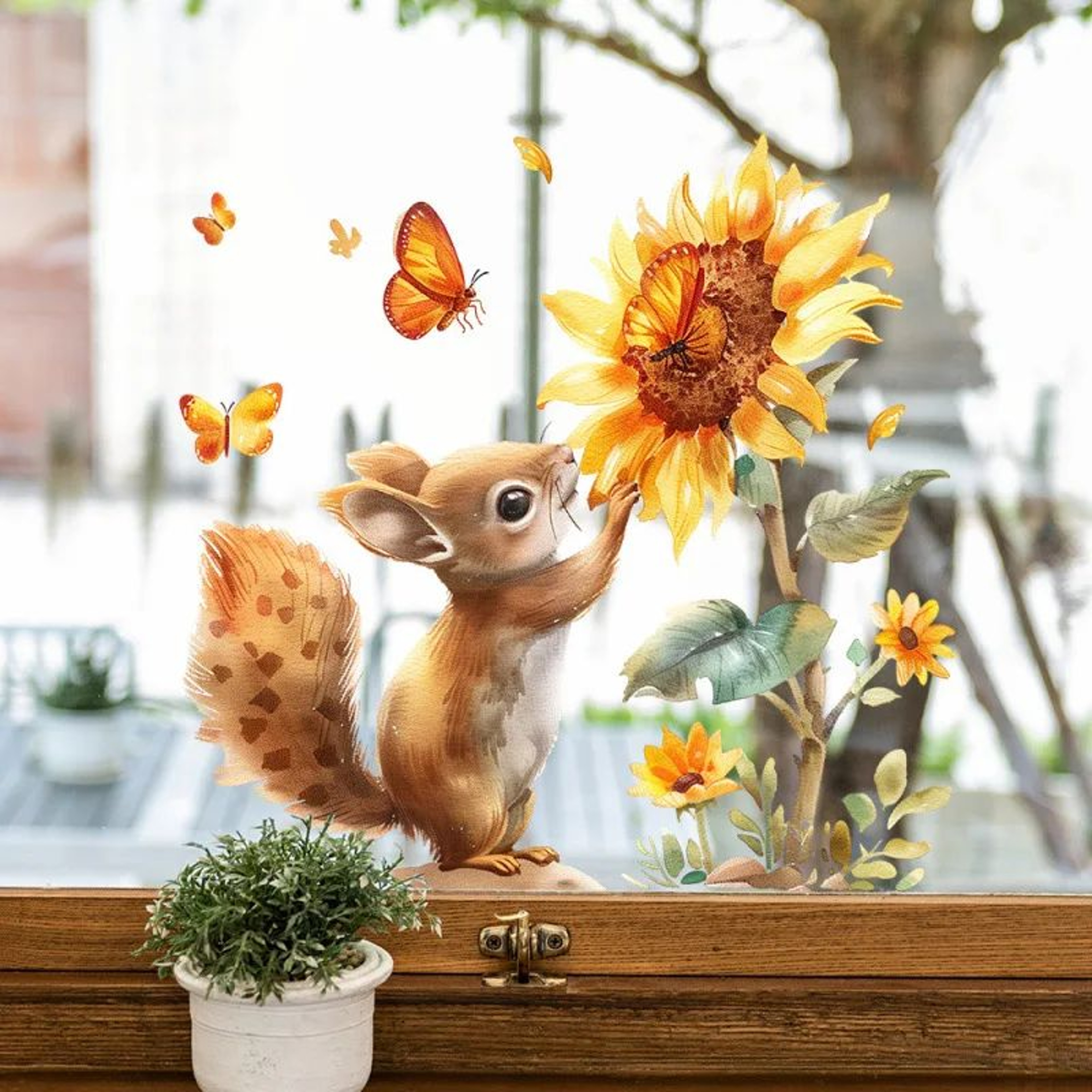 Rustic Watercolor Squirrel Wall Decal  Sunflower Window Sticker For Home  Glass Decor 1