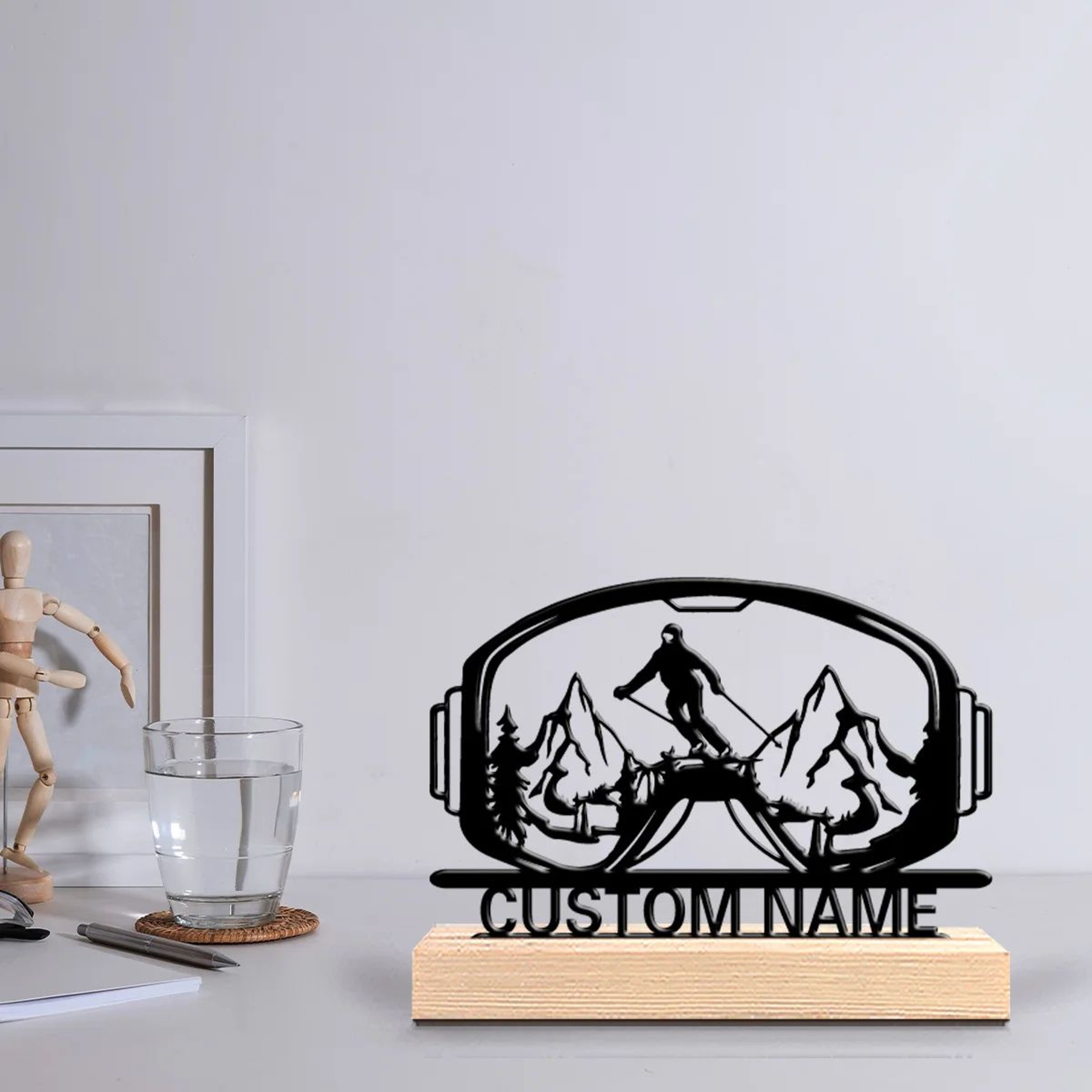 Personalized Skiing Metal Figurine  Custom Ski Goggles Statue With Wooden Base For Unique Gift  Dec