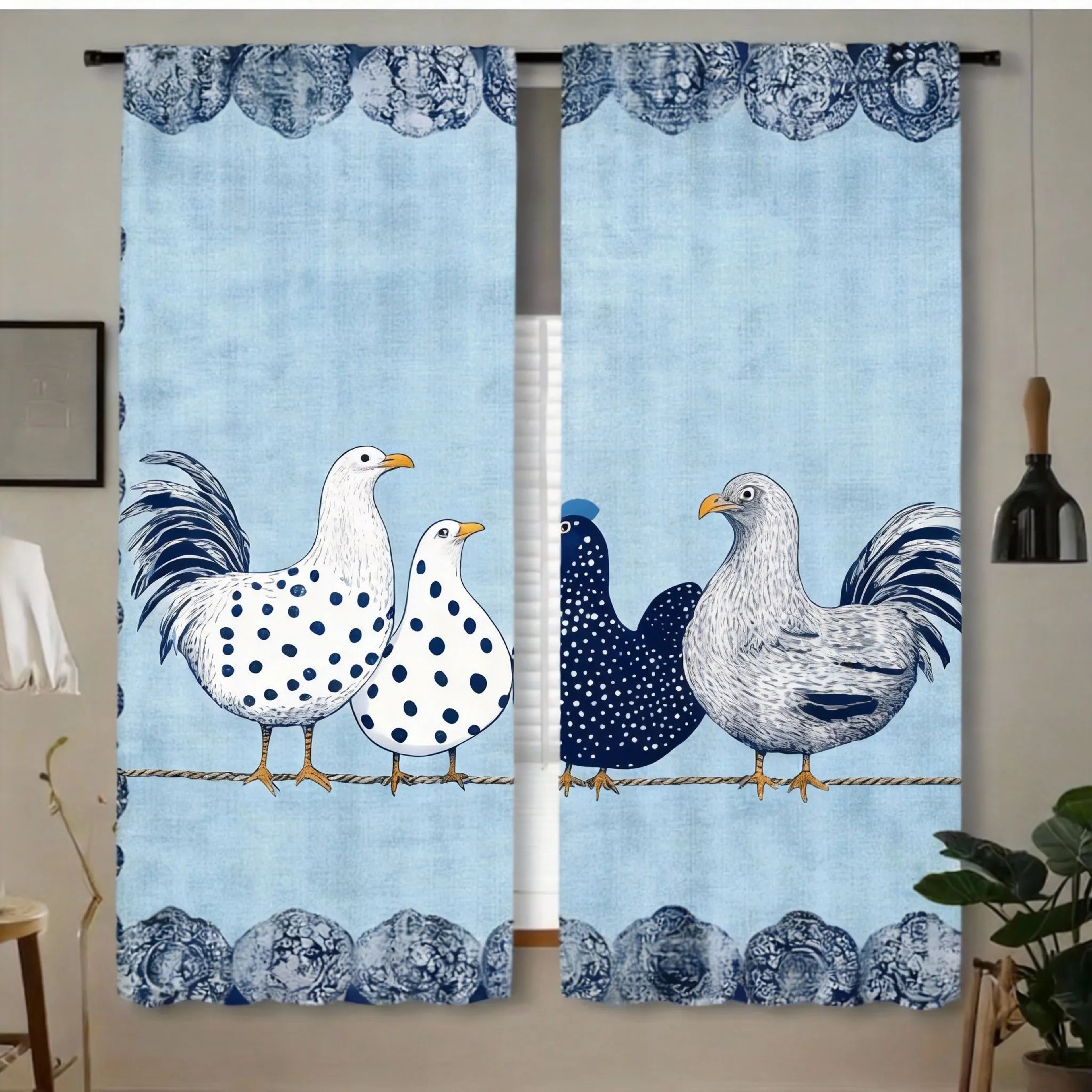 Retro Polka Dot Chicken Cafe Curtains 2pcs  Farmhouse Kitchen Window Drapes LightFiltering 7