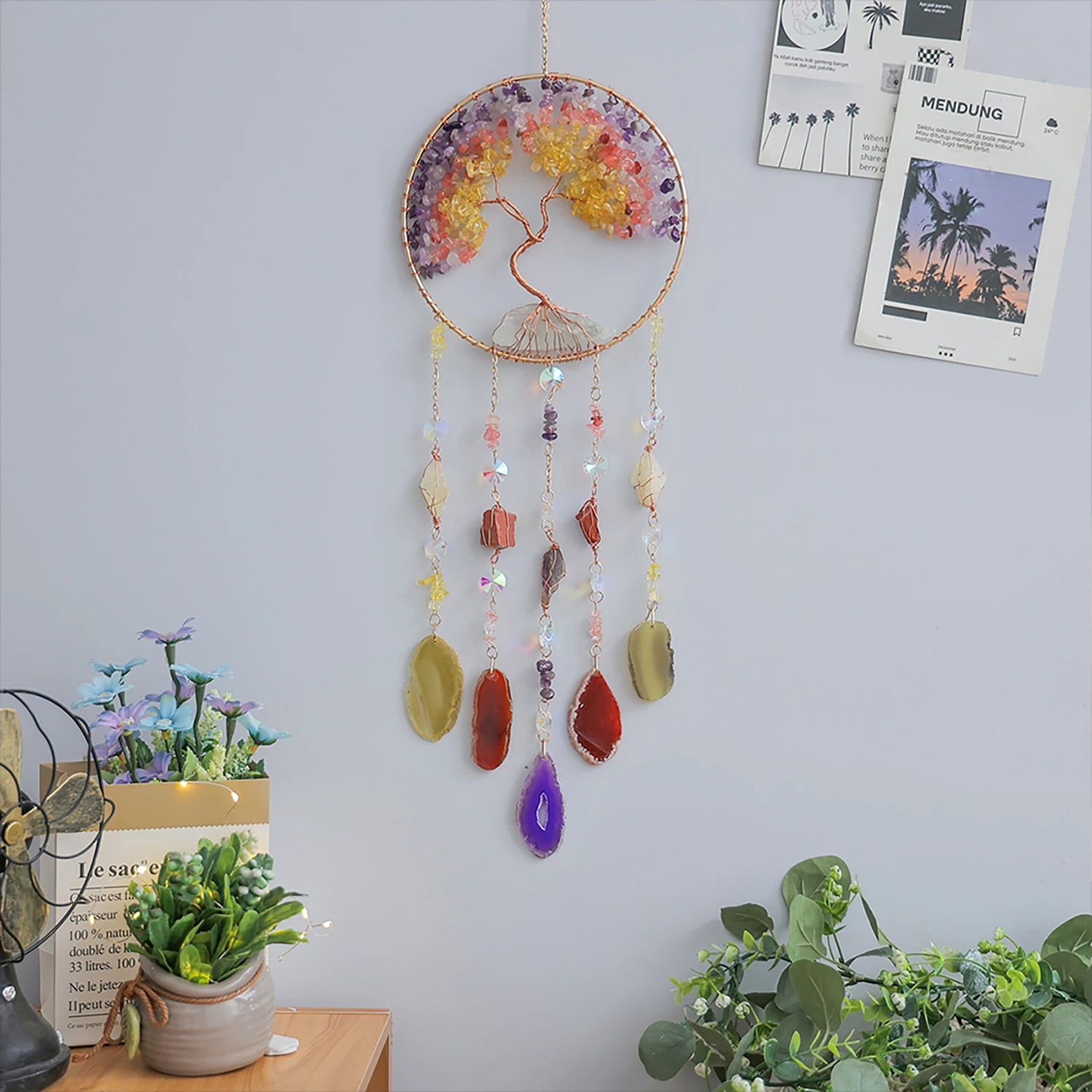 Natural Agate Dream Catcher Wall Hanging  Moon Star Sun Crystal Decor For Bedroom  Garden 2