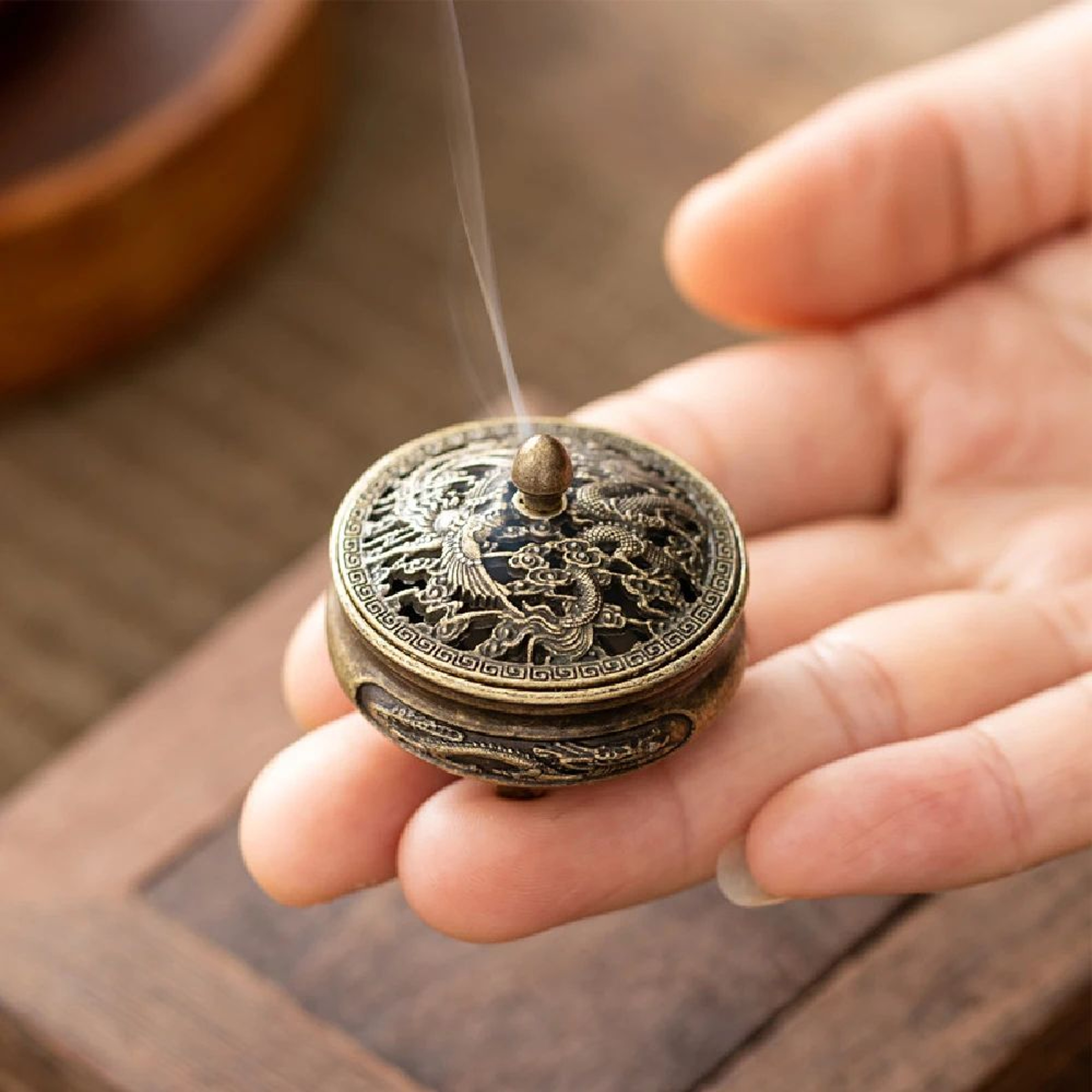 Antique Brass Dragon  Phoenix Incense Burner  Mini Hollow Pocket Aromatherapy Holder For Tea Table  0