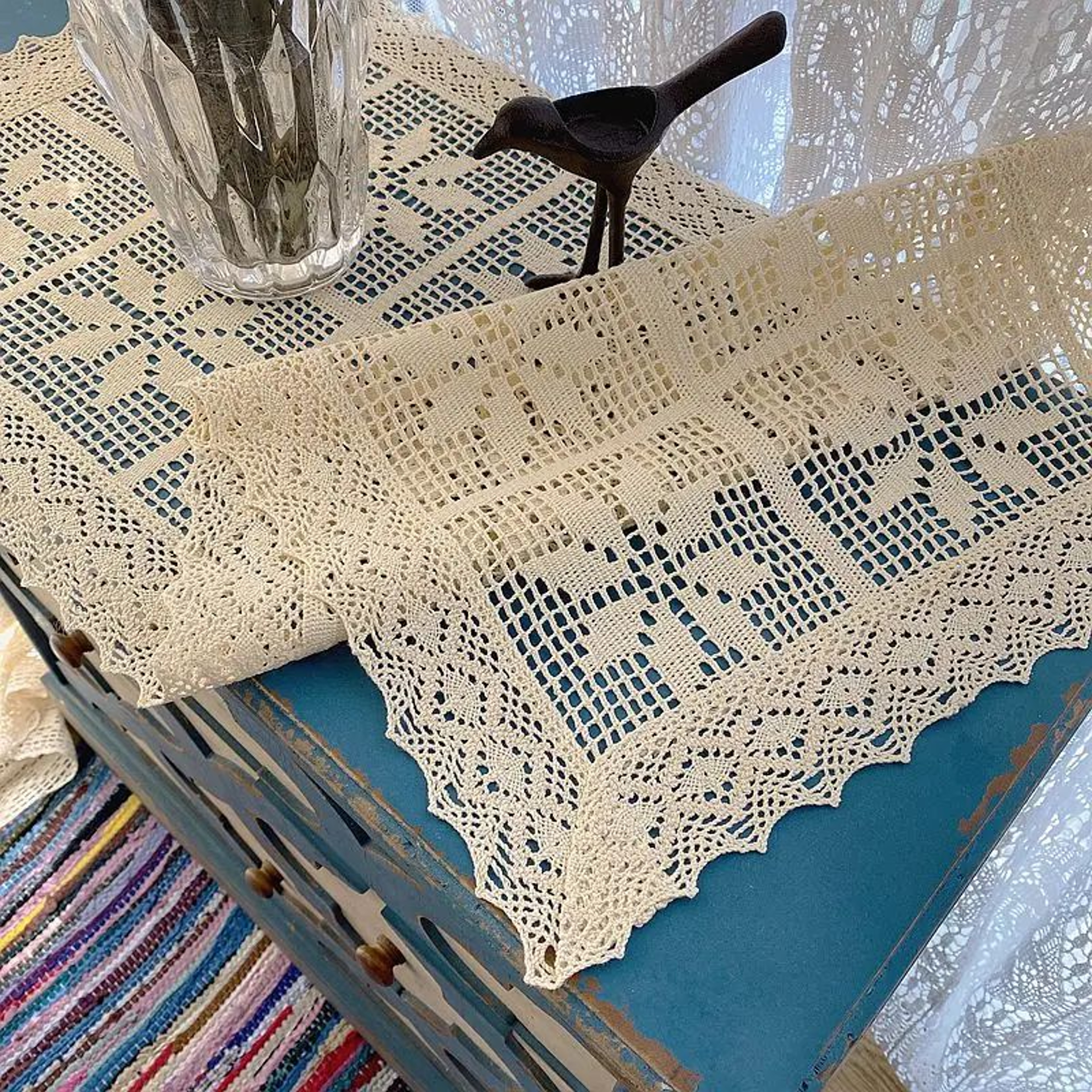 Crochet Lace Cotton Linen Table Runner  Retro Woven Plaid Tablecloth With Elegant Edge 1