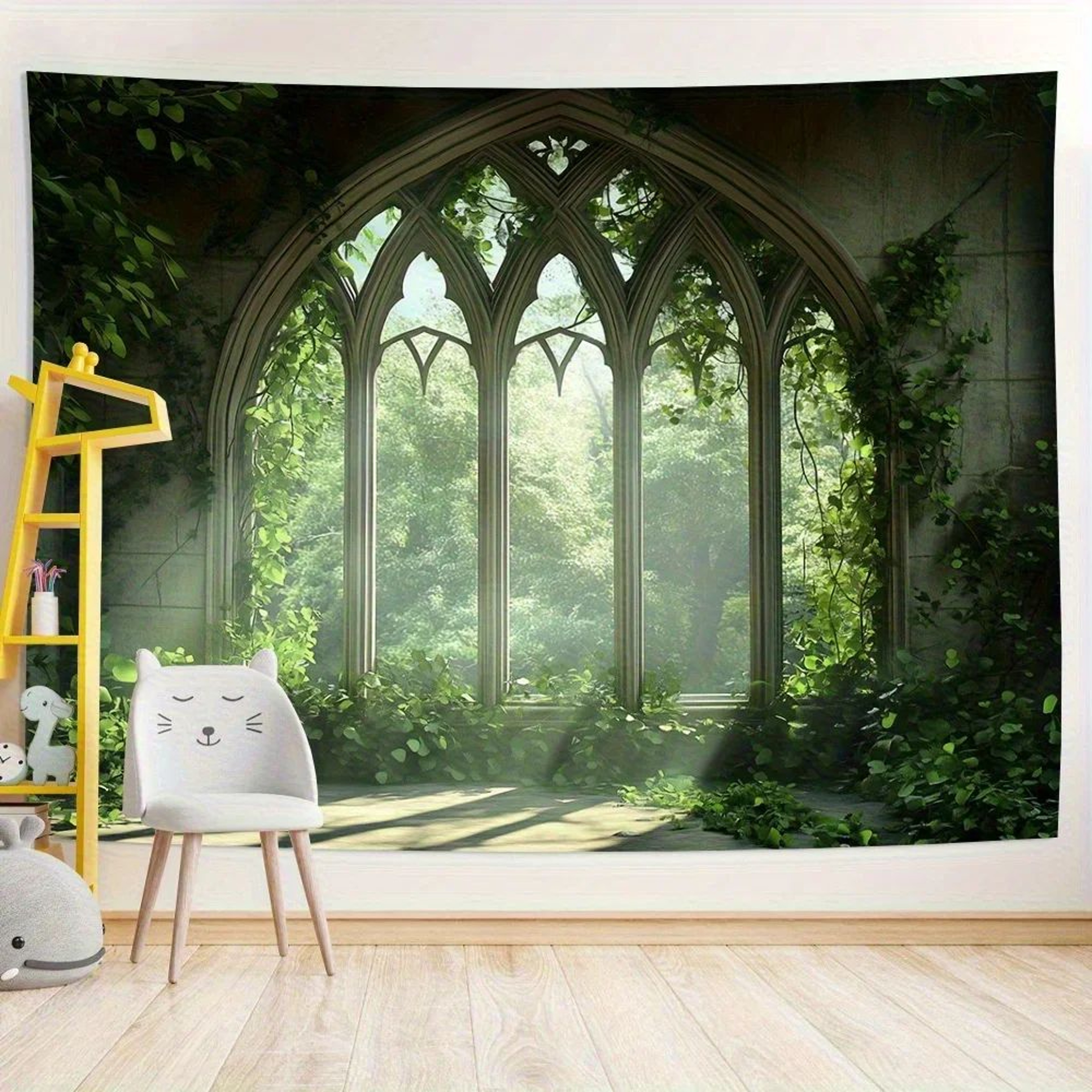 Gothic Window Forest Tapestry  Lush Green Landscape Wall Hanging For Living Room  Bedroom Decor 0