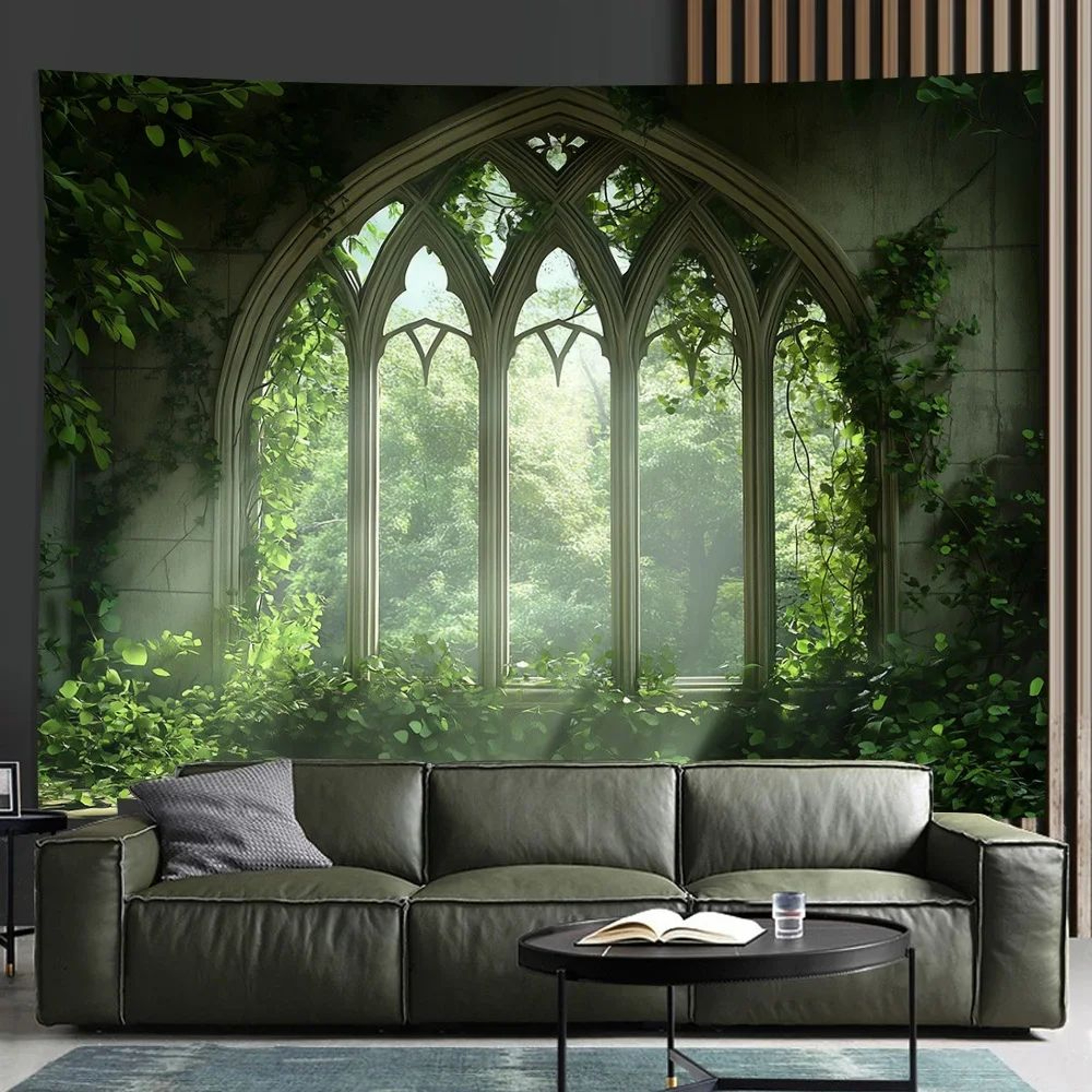 Gothic Window Forest Tapestry  Lush Green Landscape Wall Hanging For Living Room  Bedroom Decor 3