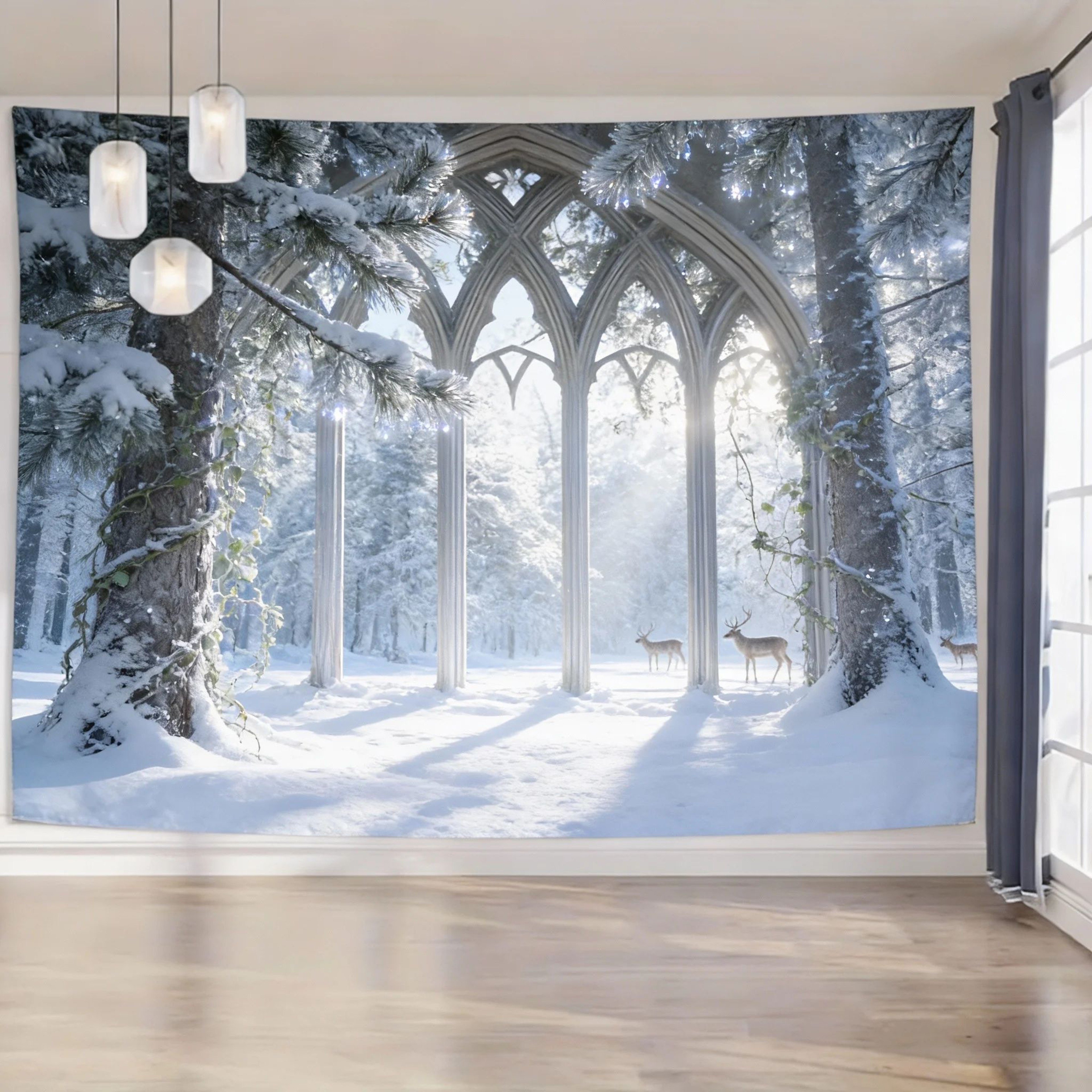 Gothic Window Forest Tapestry  Lush Green Landscape Wall Hanging For Living Room  Bedroom Decor 6