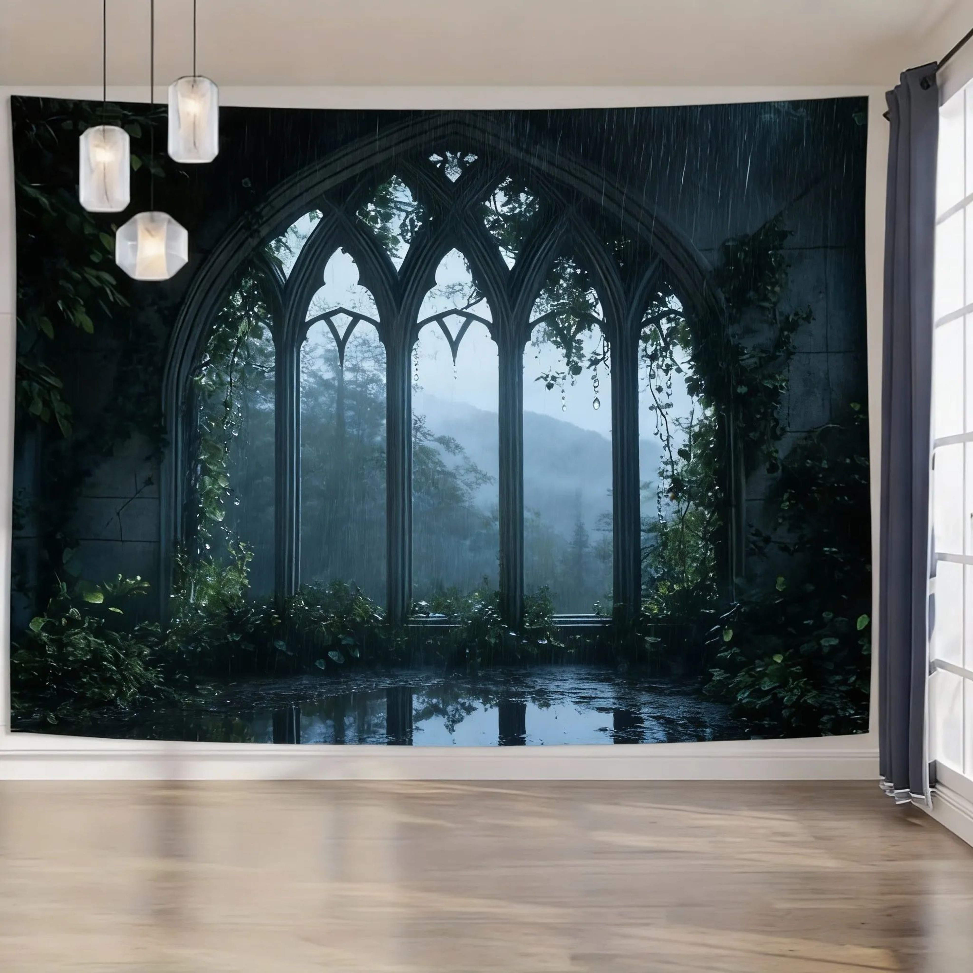 Gothic Window Forest Tapestry  Lush Green Landscape Wall Hanging For Living Room  Bedroom Decor 7