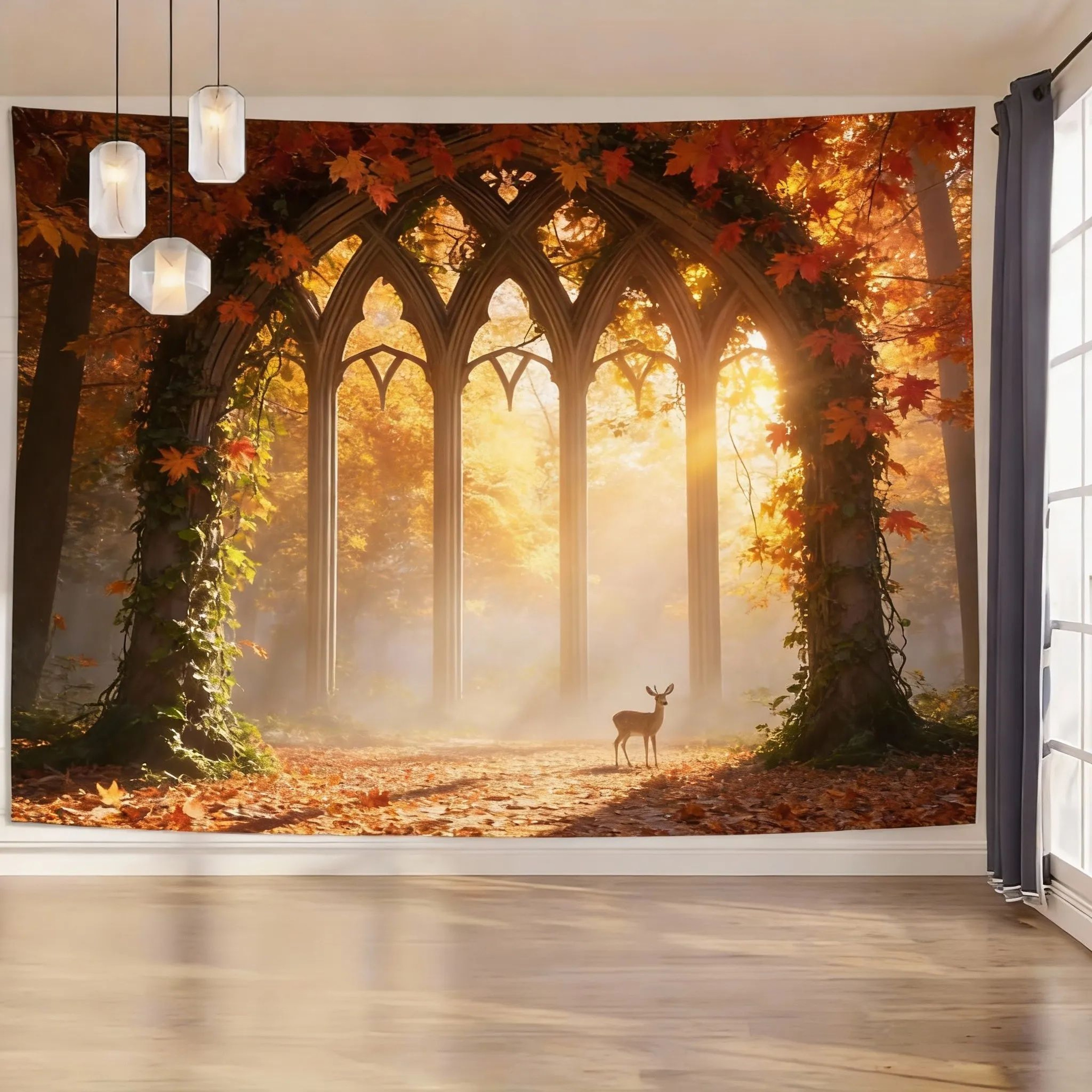 Gothic Window Forest Tapestry  Lush Green Landscape Wall Hanging For Living Room  Bedroom Decor 9