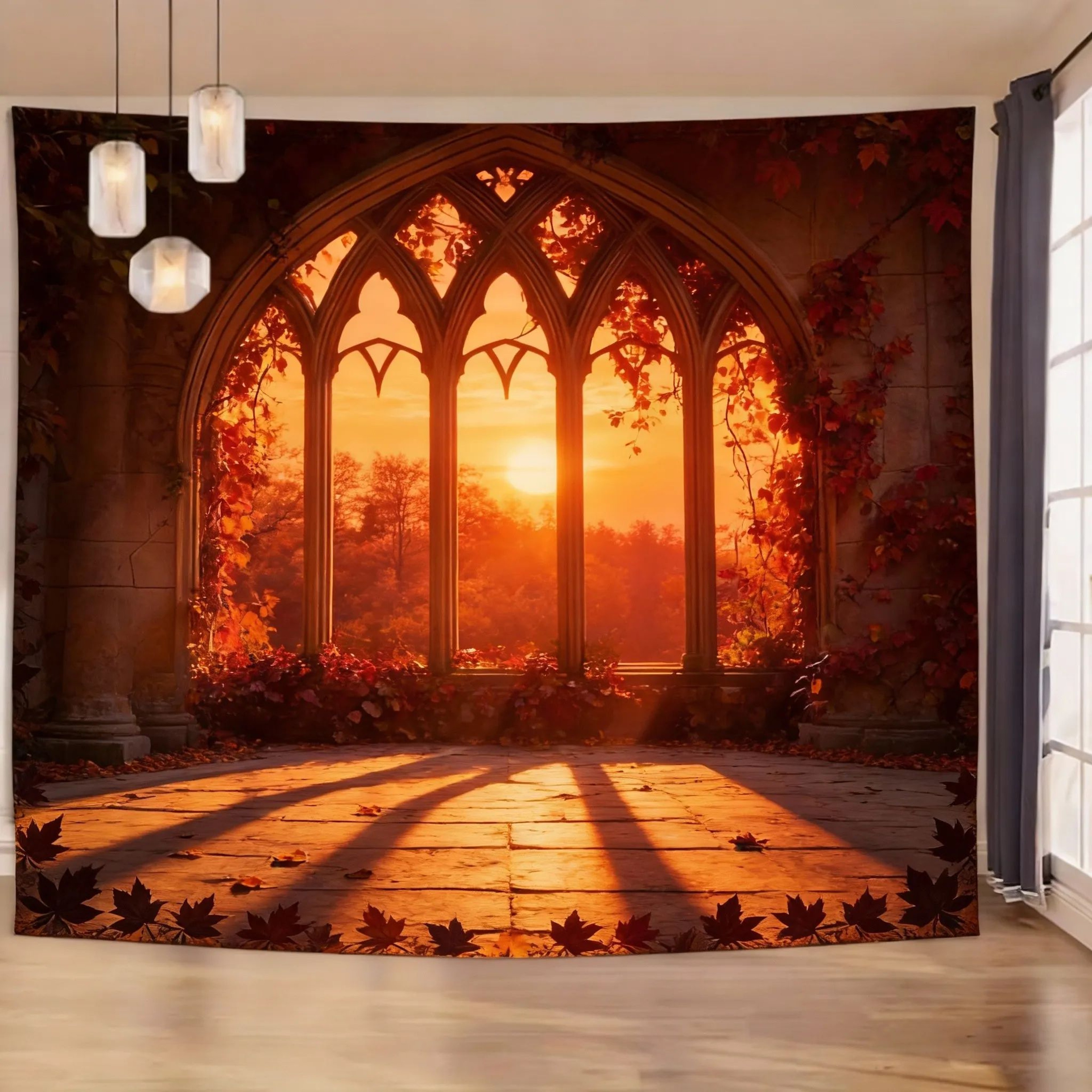 Gothic Window Forest Tapestry  Lush Green Landscape Wall Hanging For Living Room  Bedroom Decor 13