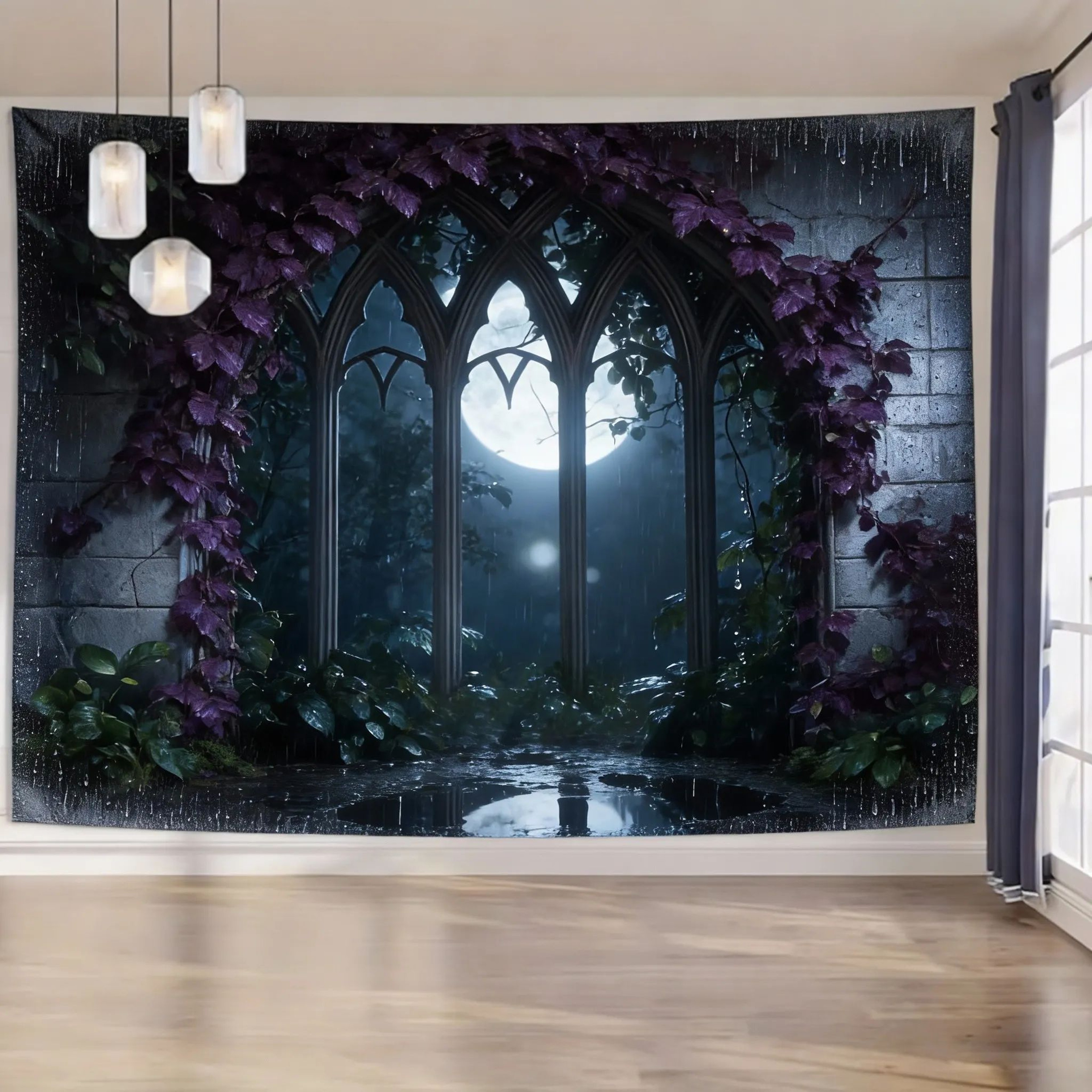 Gothic Window Forest Tapestry  Lush Green Landscape Wall Hanging For Living Room  Bedroom Decor 14