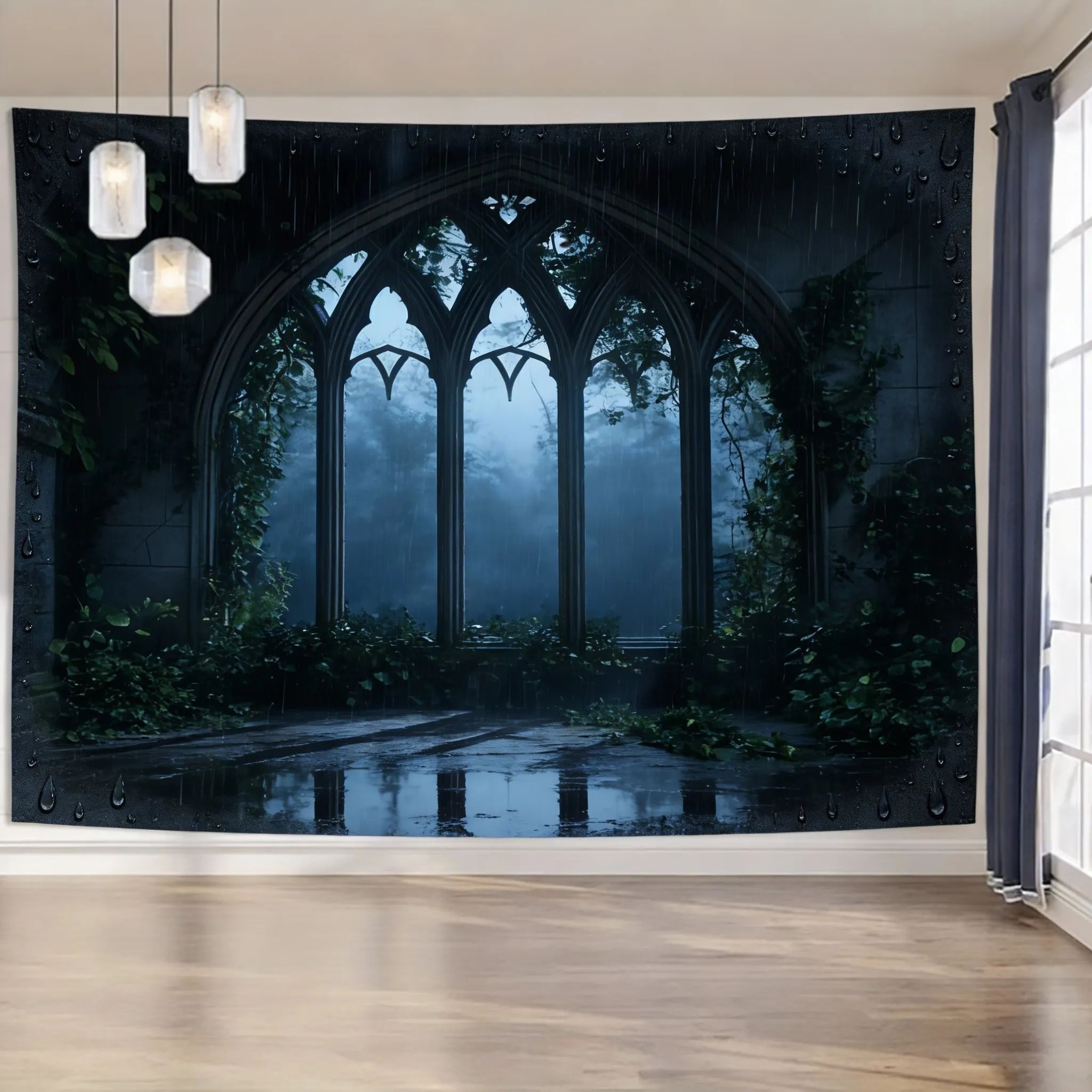 Gothic Window Forest Tapestry  Lush Green Landscape Wall Hanging For Living Room  Bedroom Decor 15