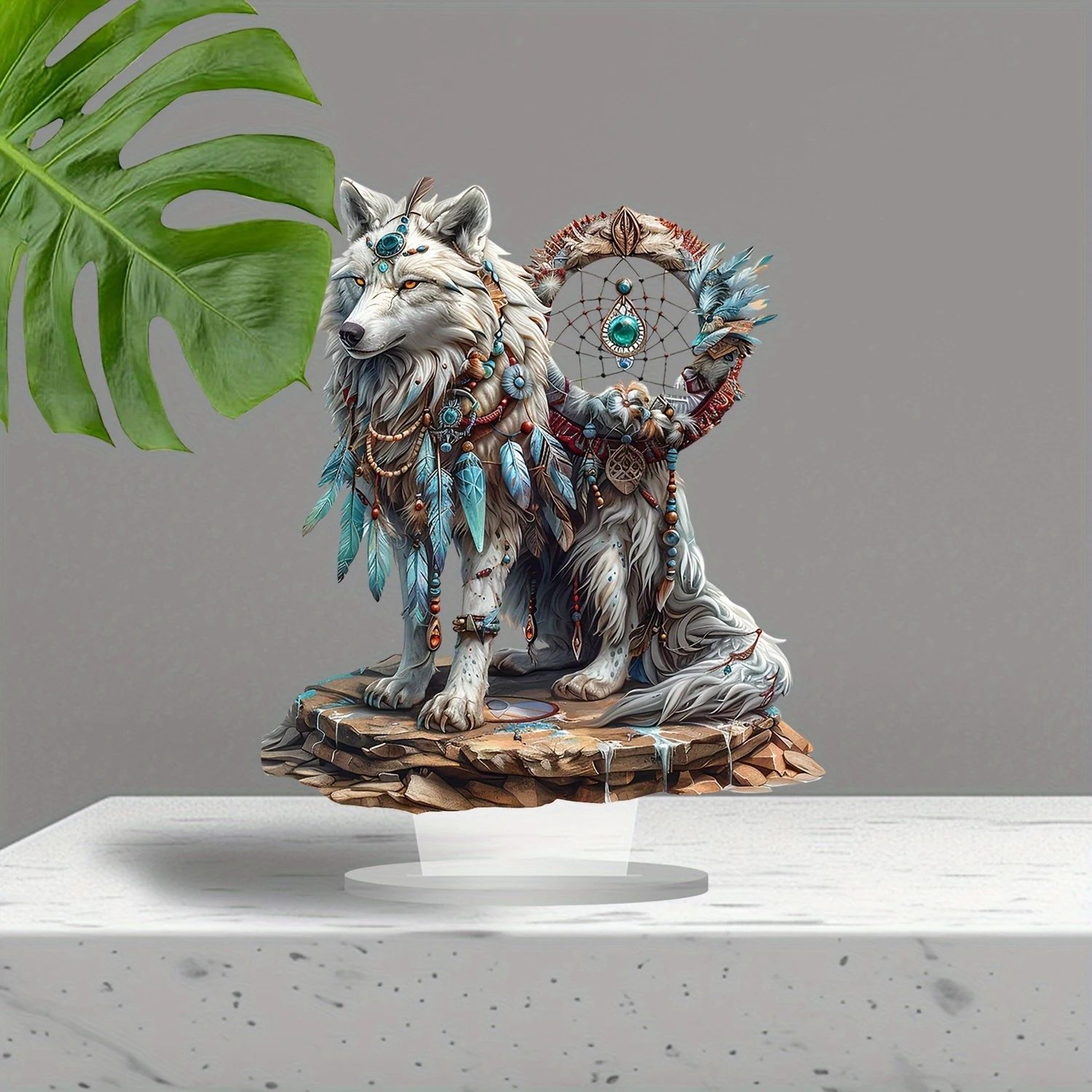 Majestic White Wolf Dream Catcher Desk Decor  10in Boho Acrylic Tabletop Sign For Home  Office 2