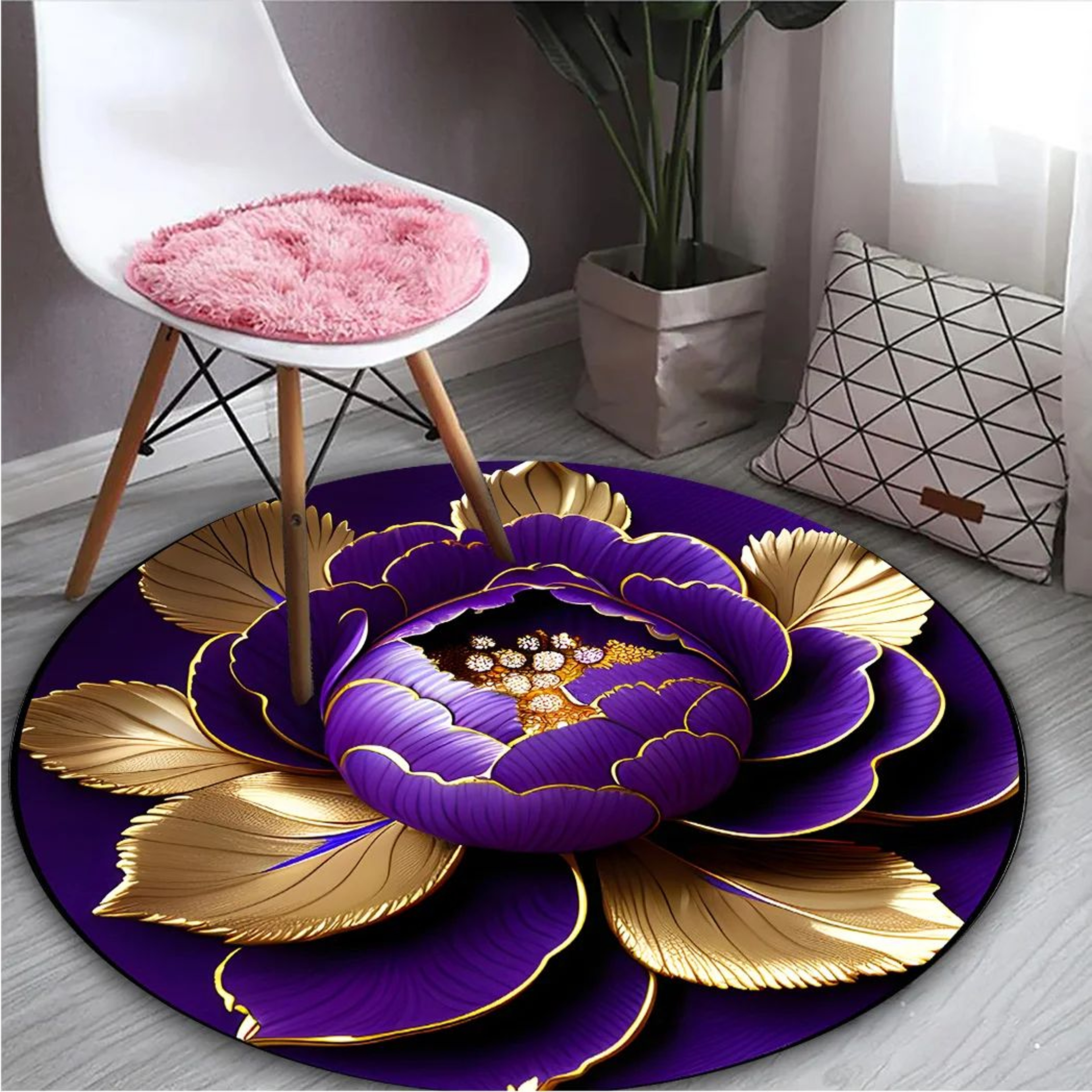 Purple Gold Peony Round Area Rug  Washable NonSlip Polyester Carpet For Living Room  Bedroom Decor 2