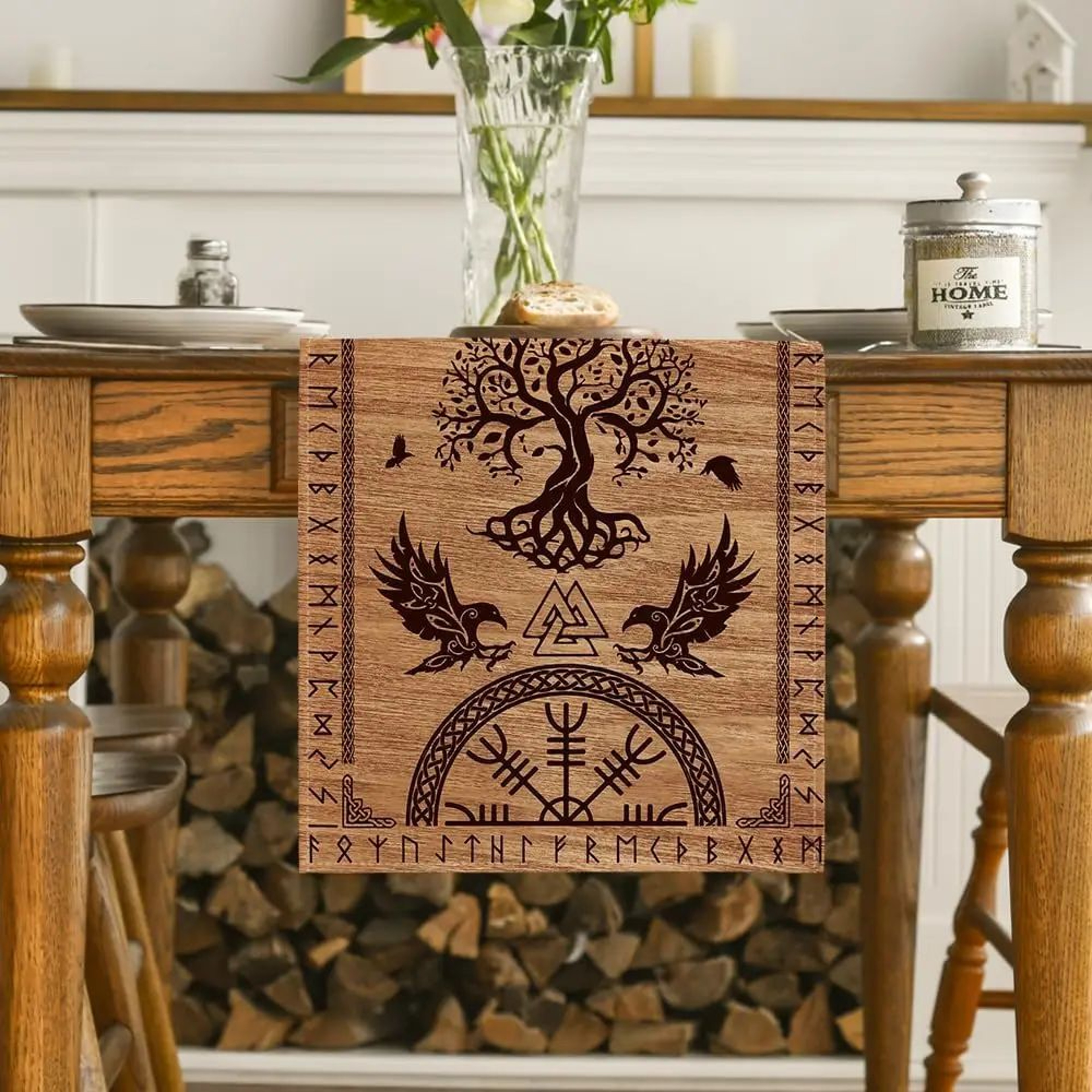 Vintage Viking Raven Helm Of Awe Linen Table Runner  Nordic Mythology Dining Decor 1