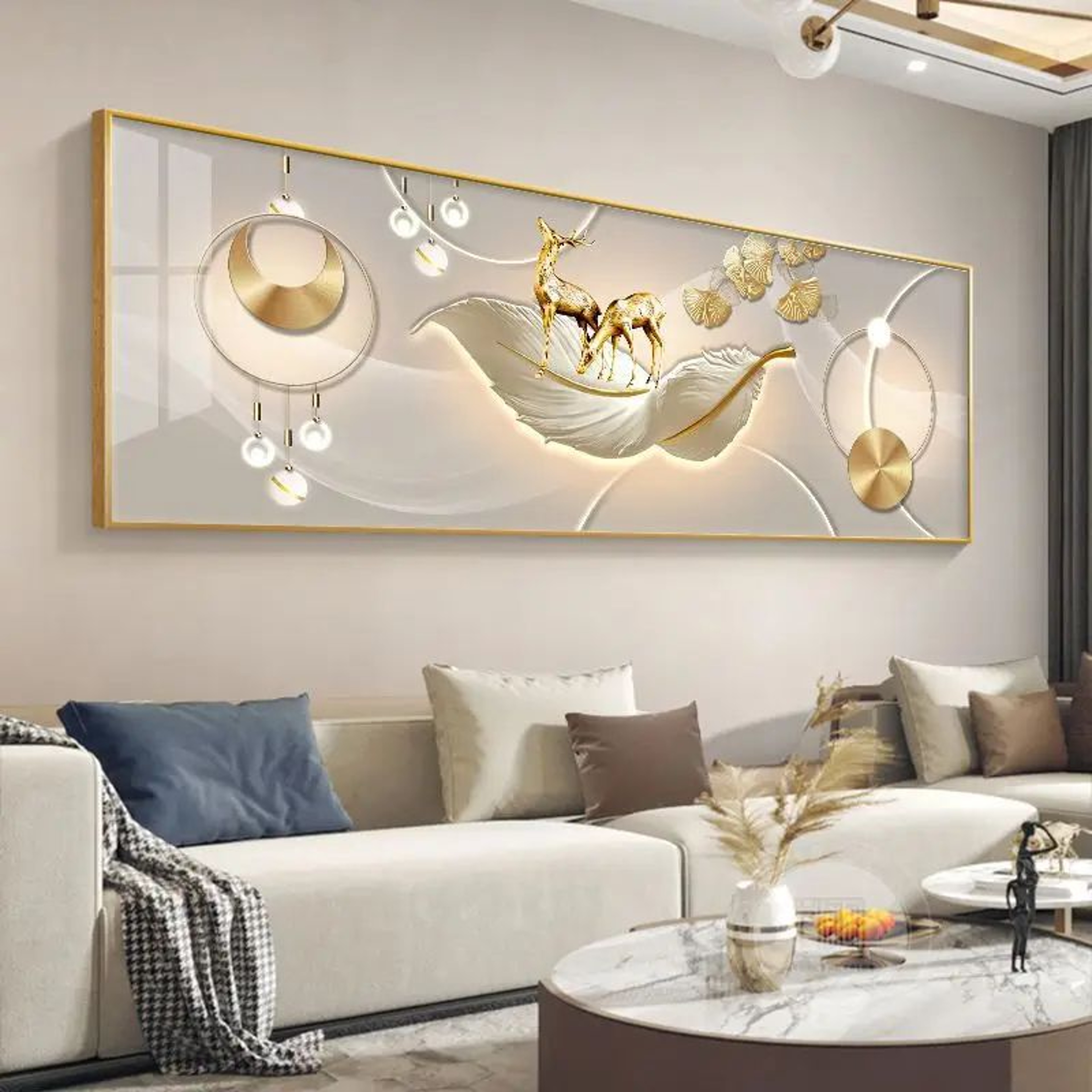 Chinese Golden Deer Canvas Wall Art  Feng Shui Mountain Landscape Poster Unframed 1