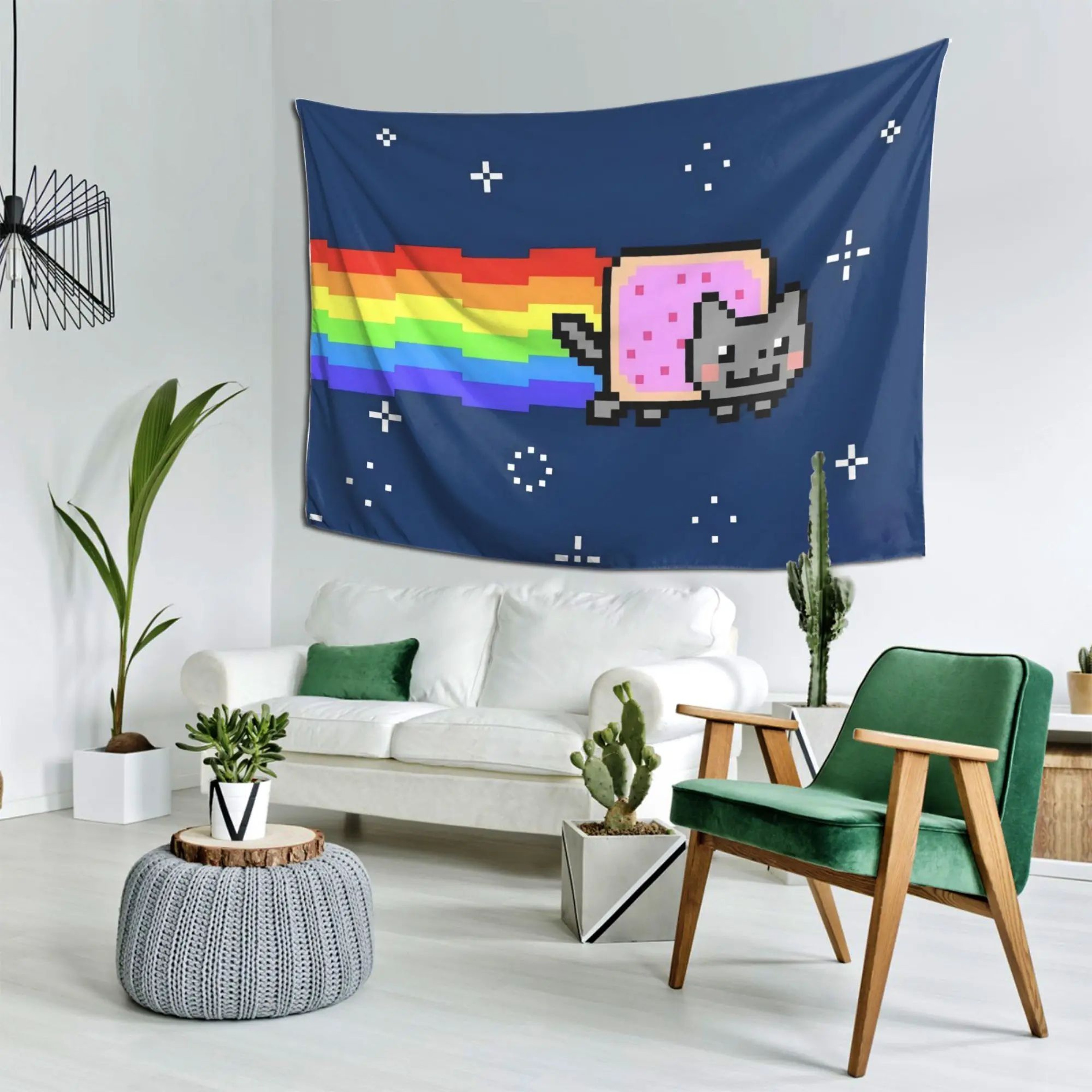 Retro Nyan Cat Pixel Art Tapestry Wall Hanging  Kawaii Cartoon Polyester Decor For Living Room  Bed 1