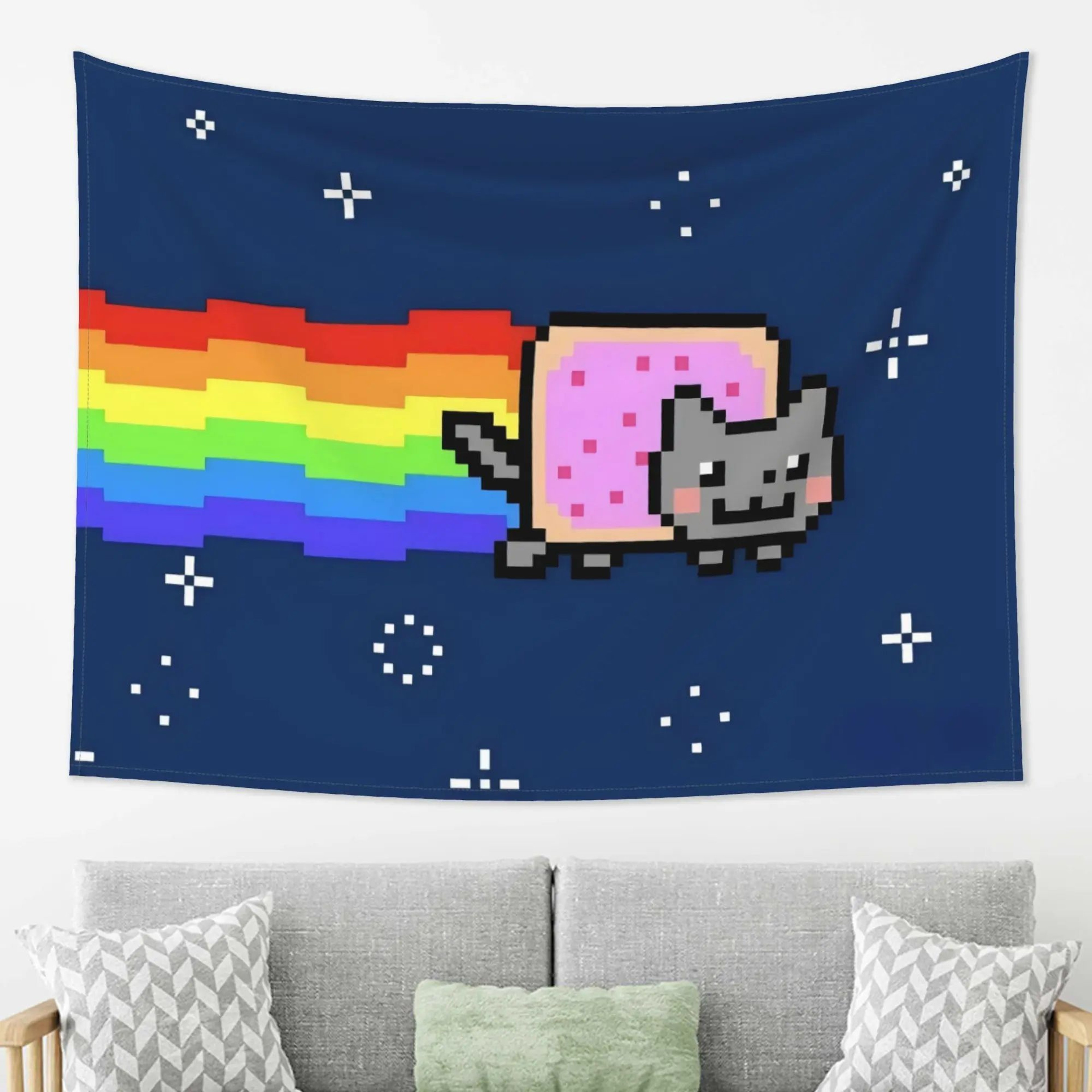 Retro Nyan Cat Pixel Art Tapestry Wall Hanging  Kawaii Cartoon Polyester Decor For Living Room  Bed 4