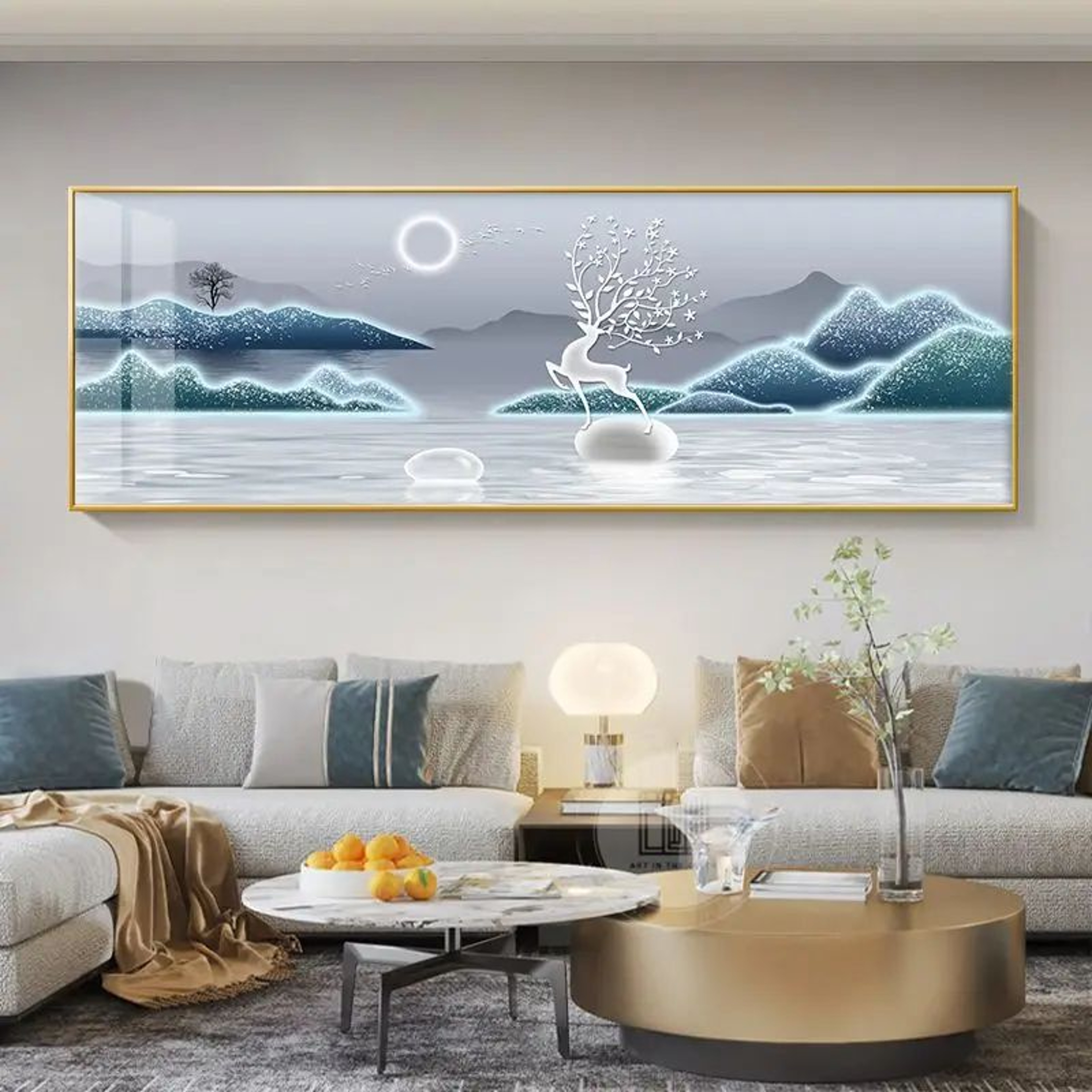 Chinese Golden Deer Canvas Wall Art  Feng Shui Mountain Landscape Poster Unframed 7