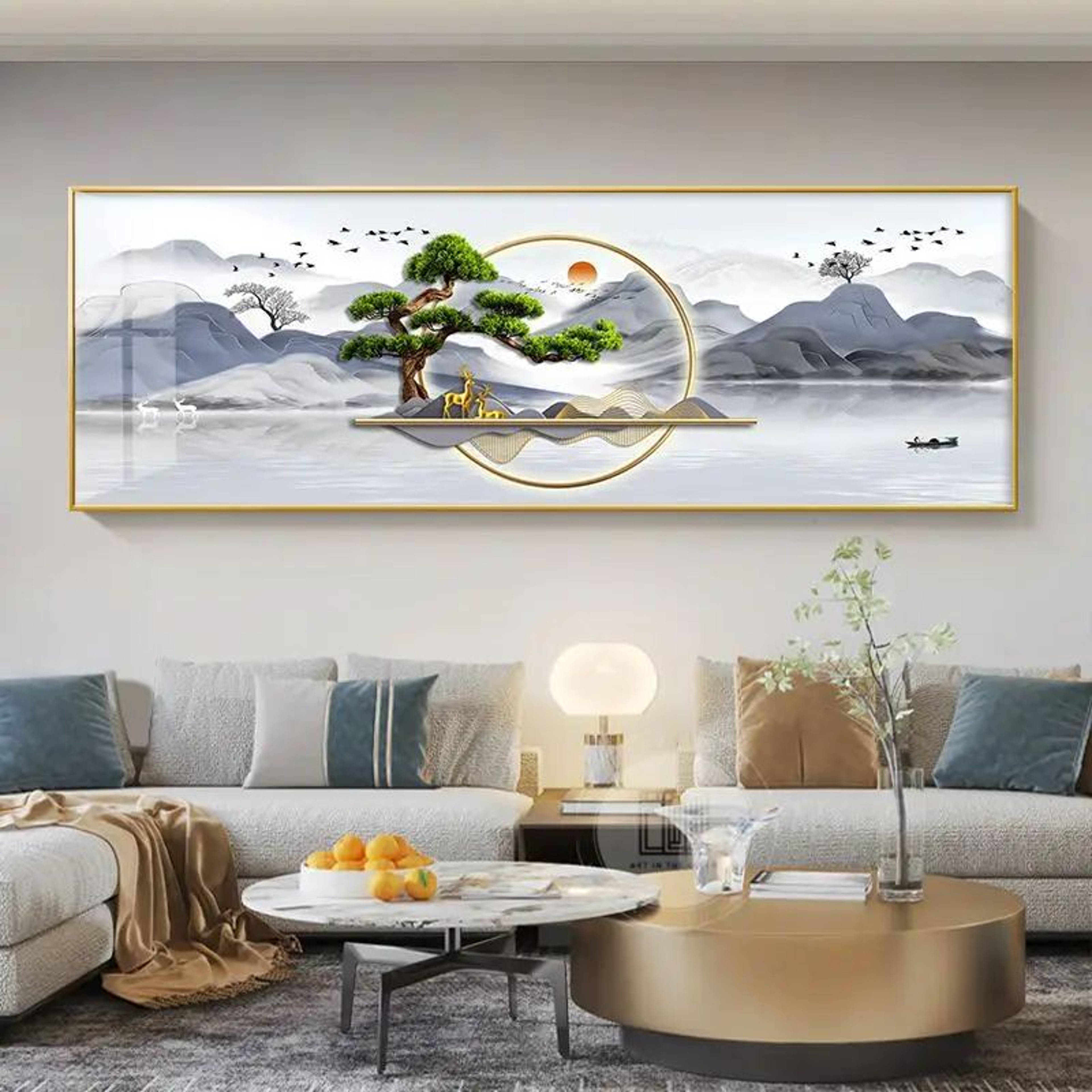 Chinese Golden Deer Canvas Wall Art  Feng Shui Mountain Landscape Poster Unframed 11